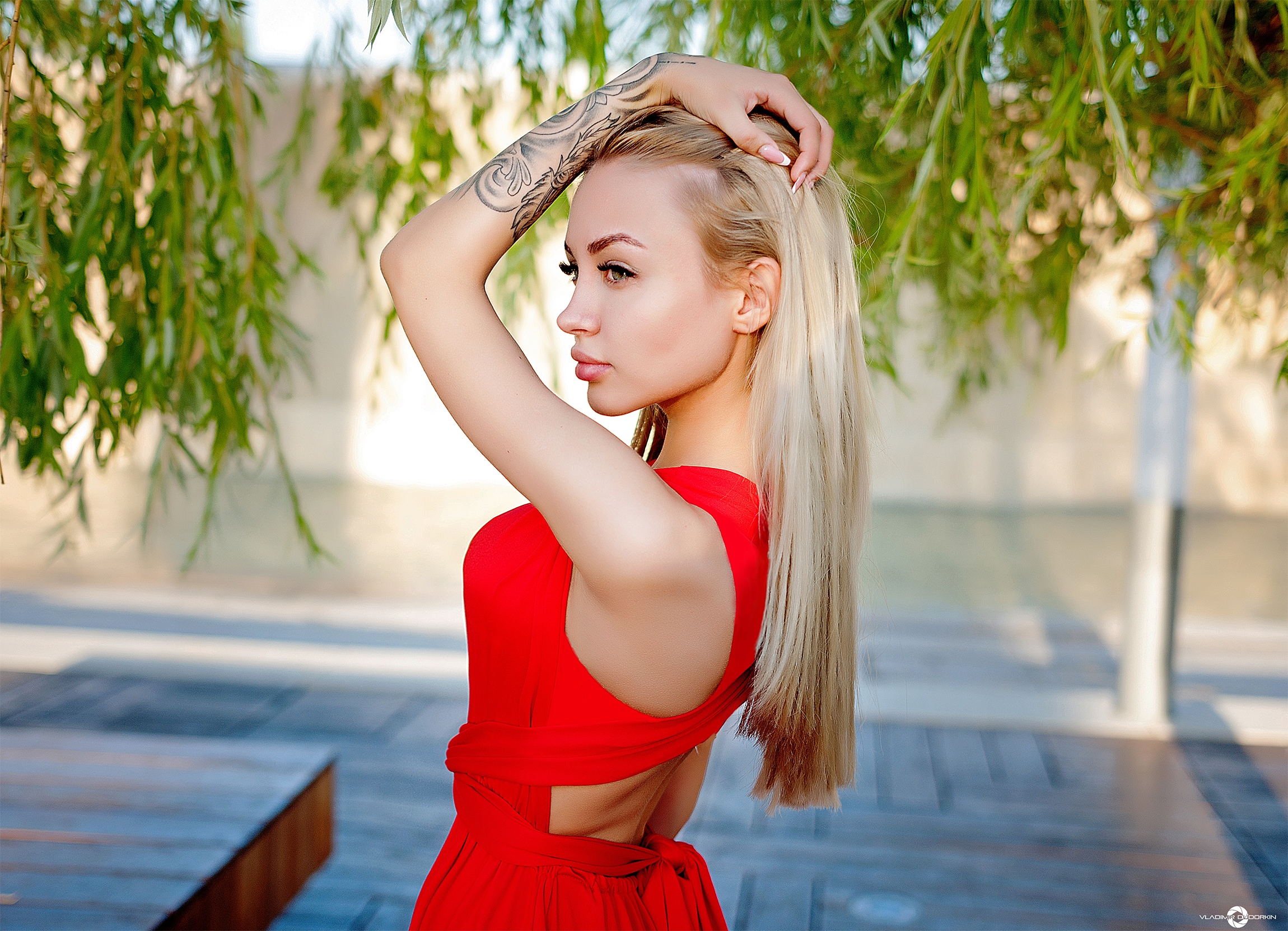 Women Portrait Tattoo Red Dress Long Hair Women Outdoors Looking Away Profile Blonde Vladimir 2300x1663