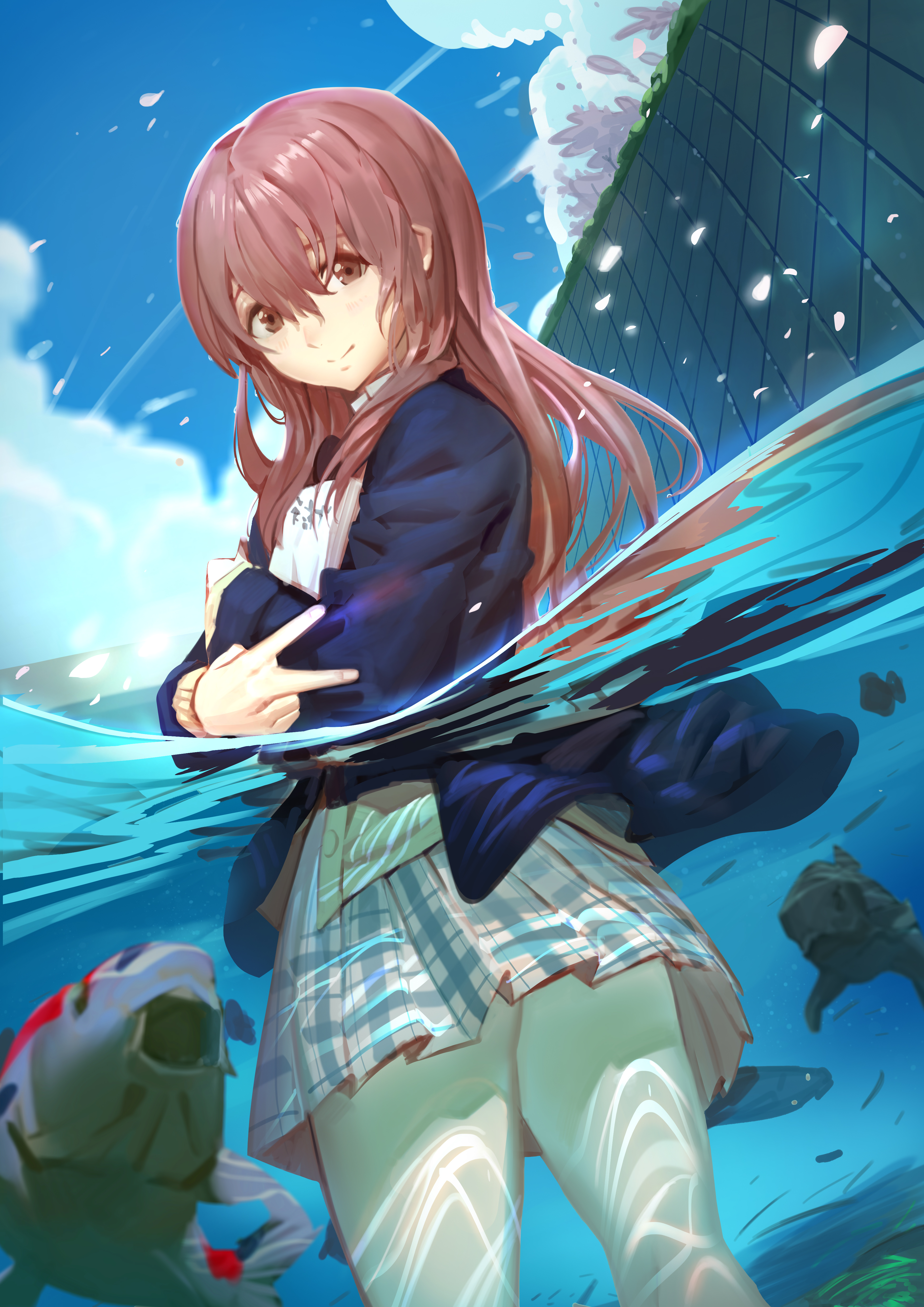 Koe No Katachi Anime Girls 2D JK Long Hair School Uniform Underwater Brunette Smiling Fish Clear Sky 3508x4961