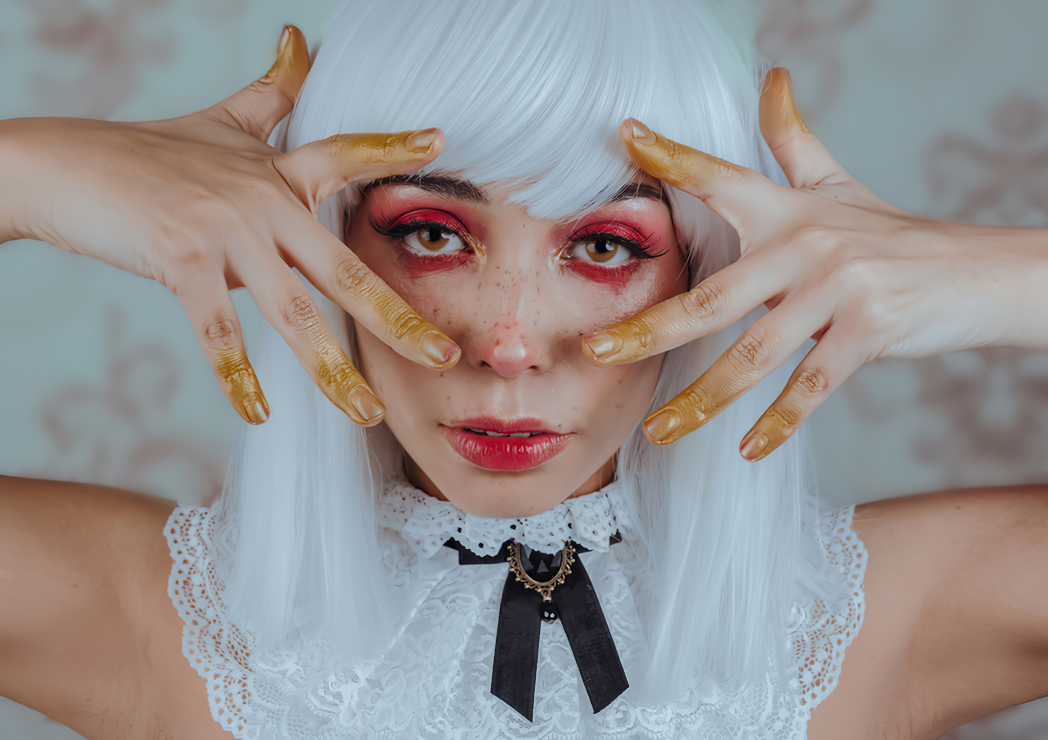 Women White Hair Smudged Makeup Makeup Emotions Portrait Photography Freckles Red Lipstick 2048x1446