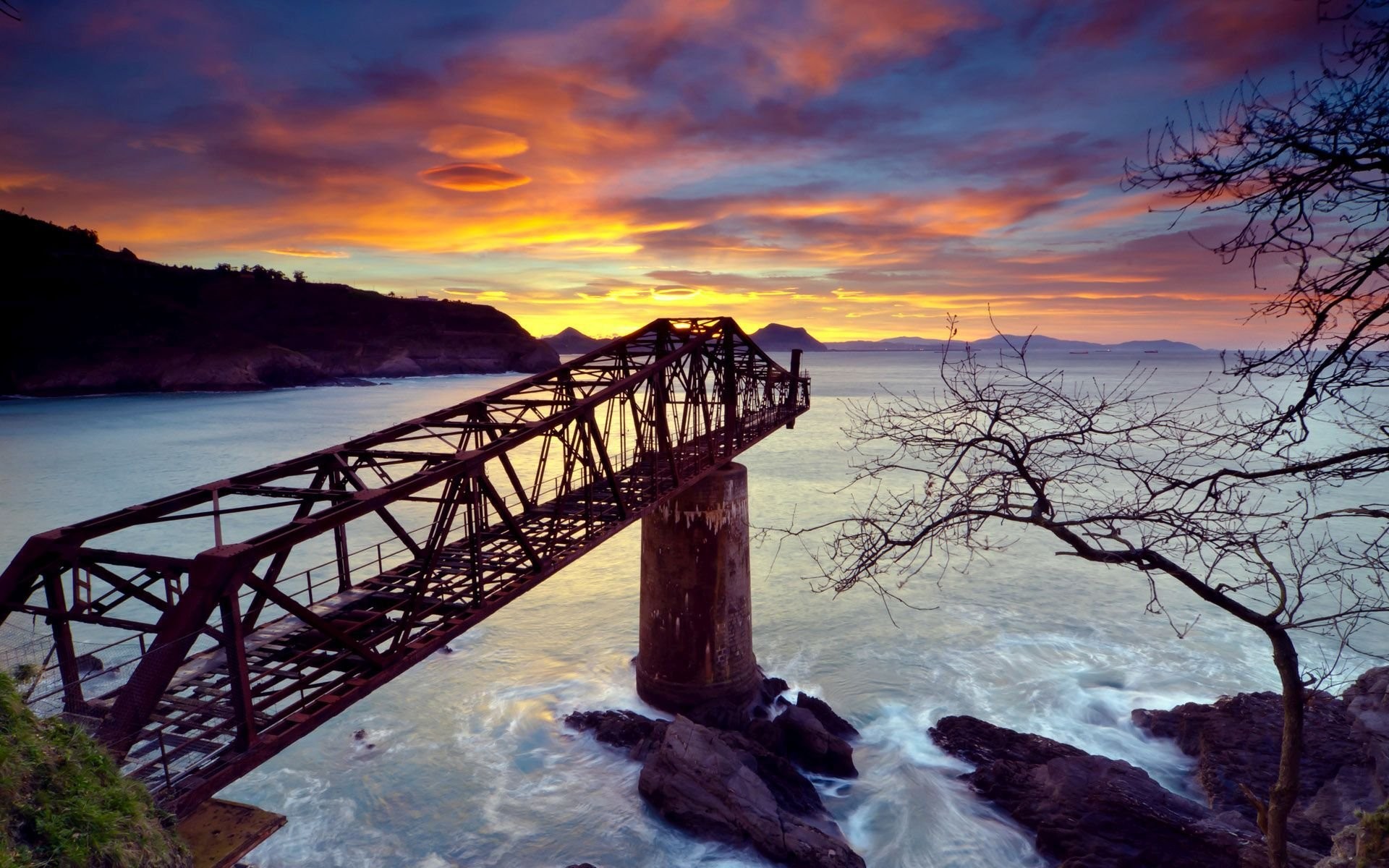 Nature Landscape Water Sea Bridge Destroyed Abandoned Pillar Rock Trees Sunset Coast Mountains Cliff 1920x1200