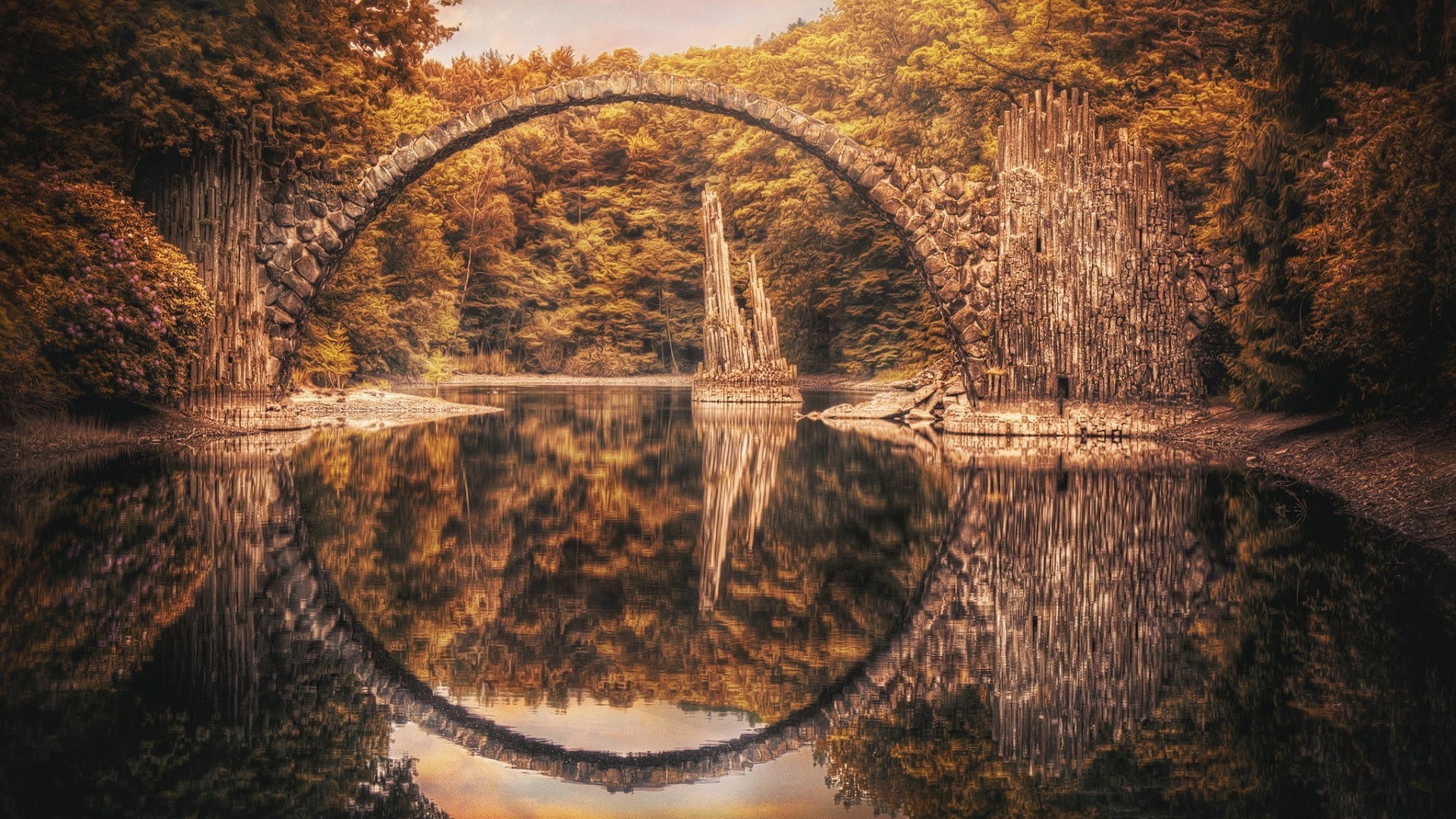 Landscape HDR Reflection Nature Bridge Rock Formation Rock Water Calm River Fall Trees Forest German 1920x1080