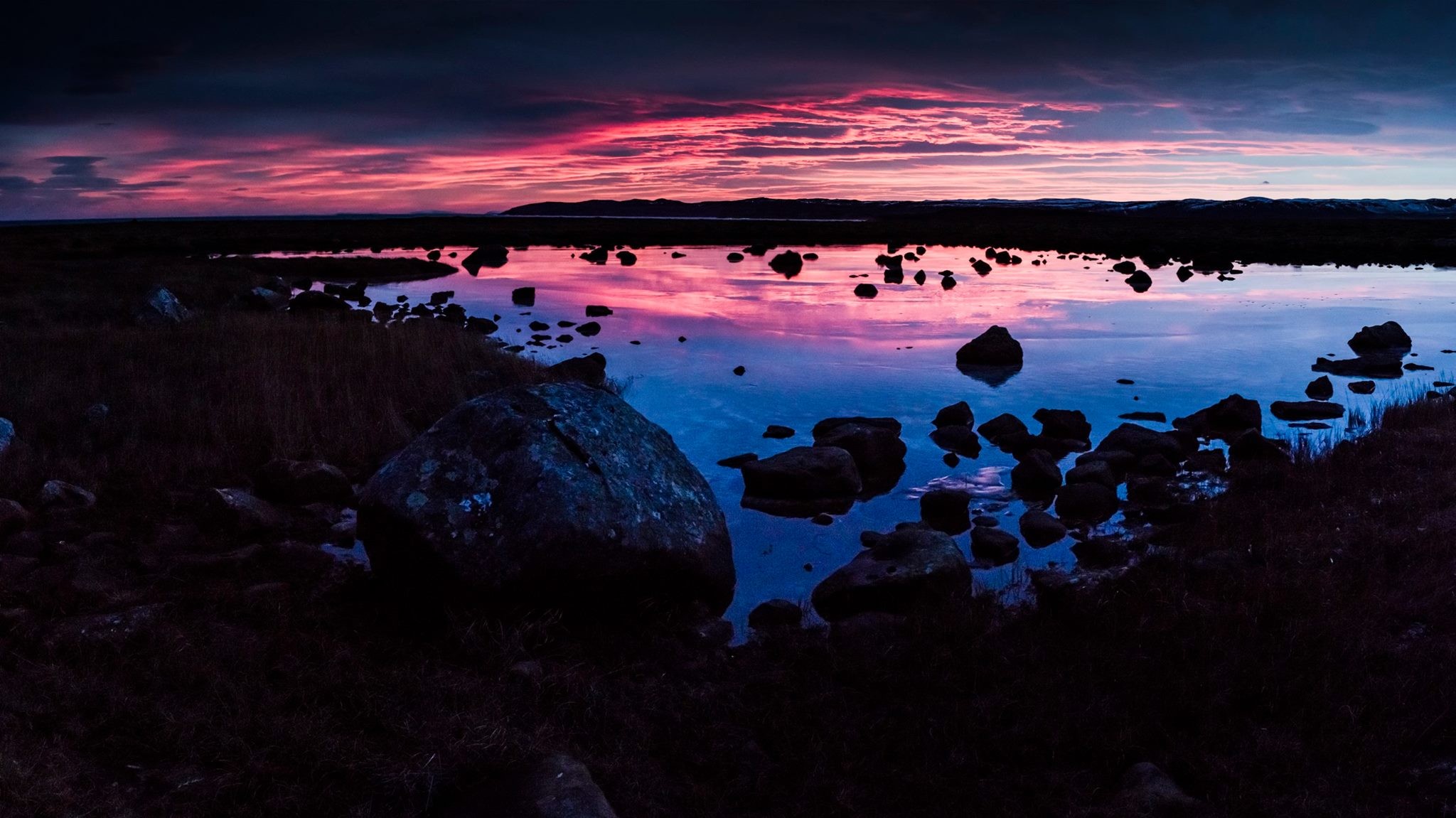 Landscape Nature Water Rocks Purple Sky 2048x1151