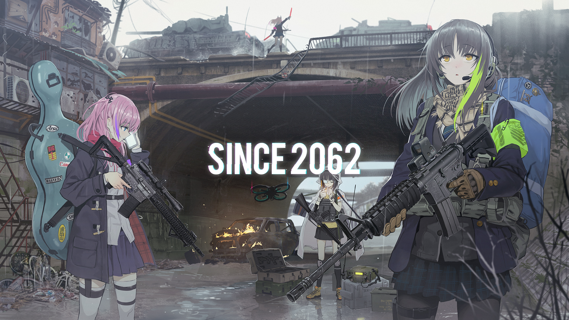 Digital Art Artwork Cityscape Anime Girls Futuristic Science Fiction Tank War Soldier Rifles Gun Sch 1920x1080