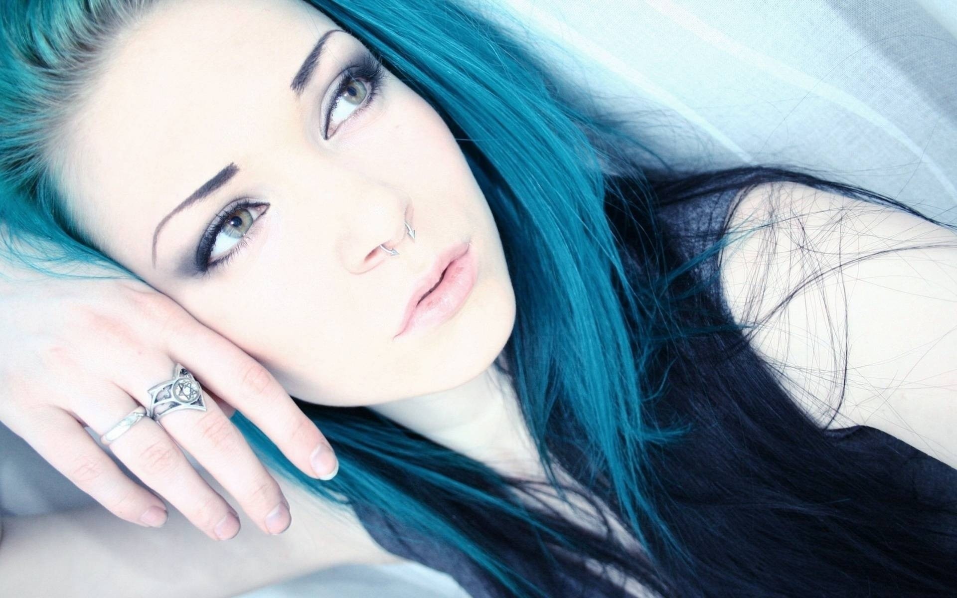 Blue Hair Women Rings Face Brunette Green Eyes Piercing Pierced Septum 1920x1200