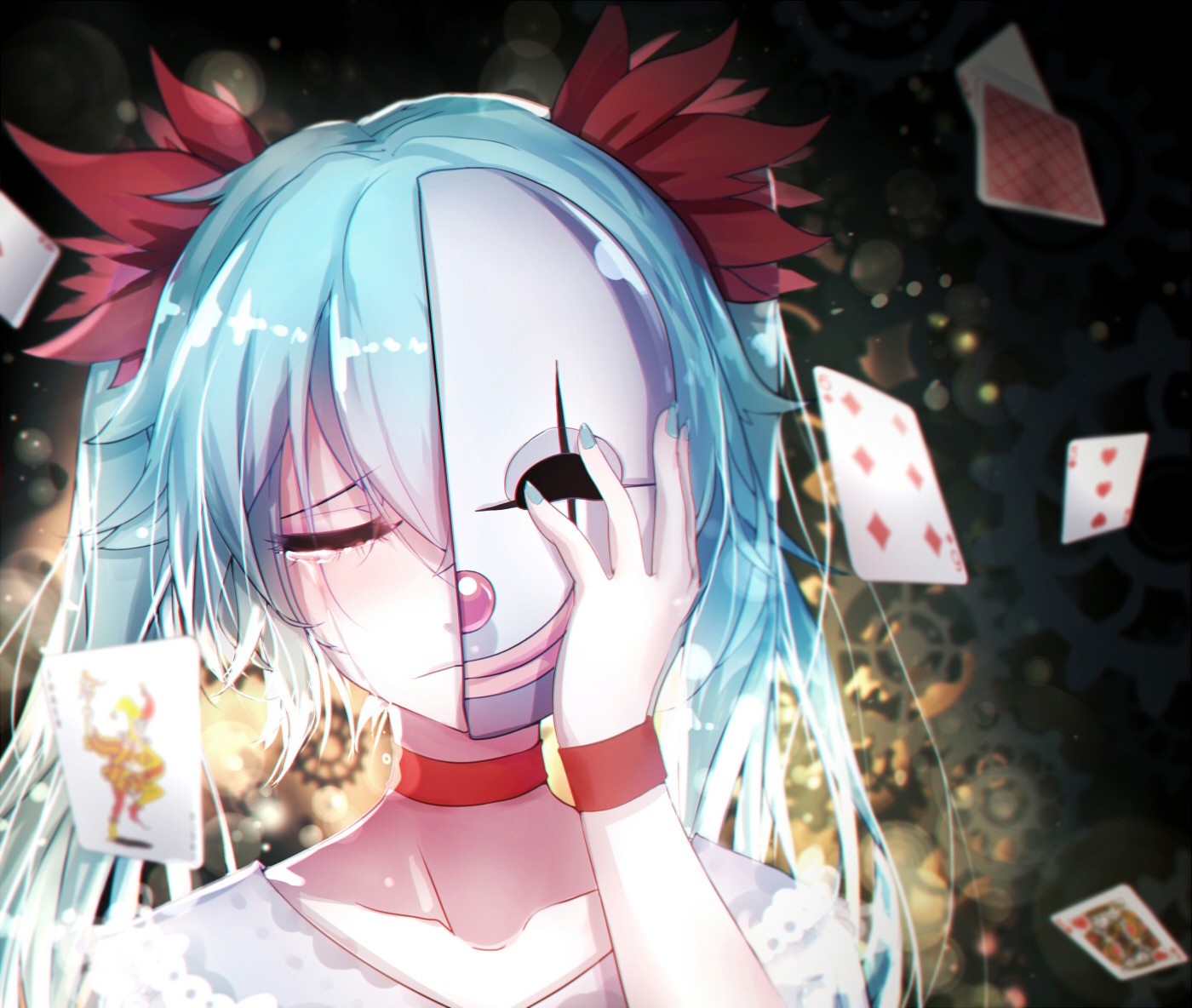 Anime Girls Vocaloid Hatsune Miku Mask Tears Playing Cards 1400x1184