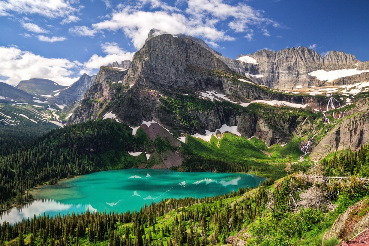 Nature Landscape Lake Turquoise Water Mountains Forest Glacier National Park Trees Snow Montana 1230x820