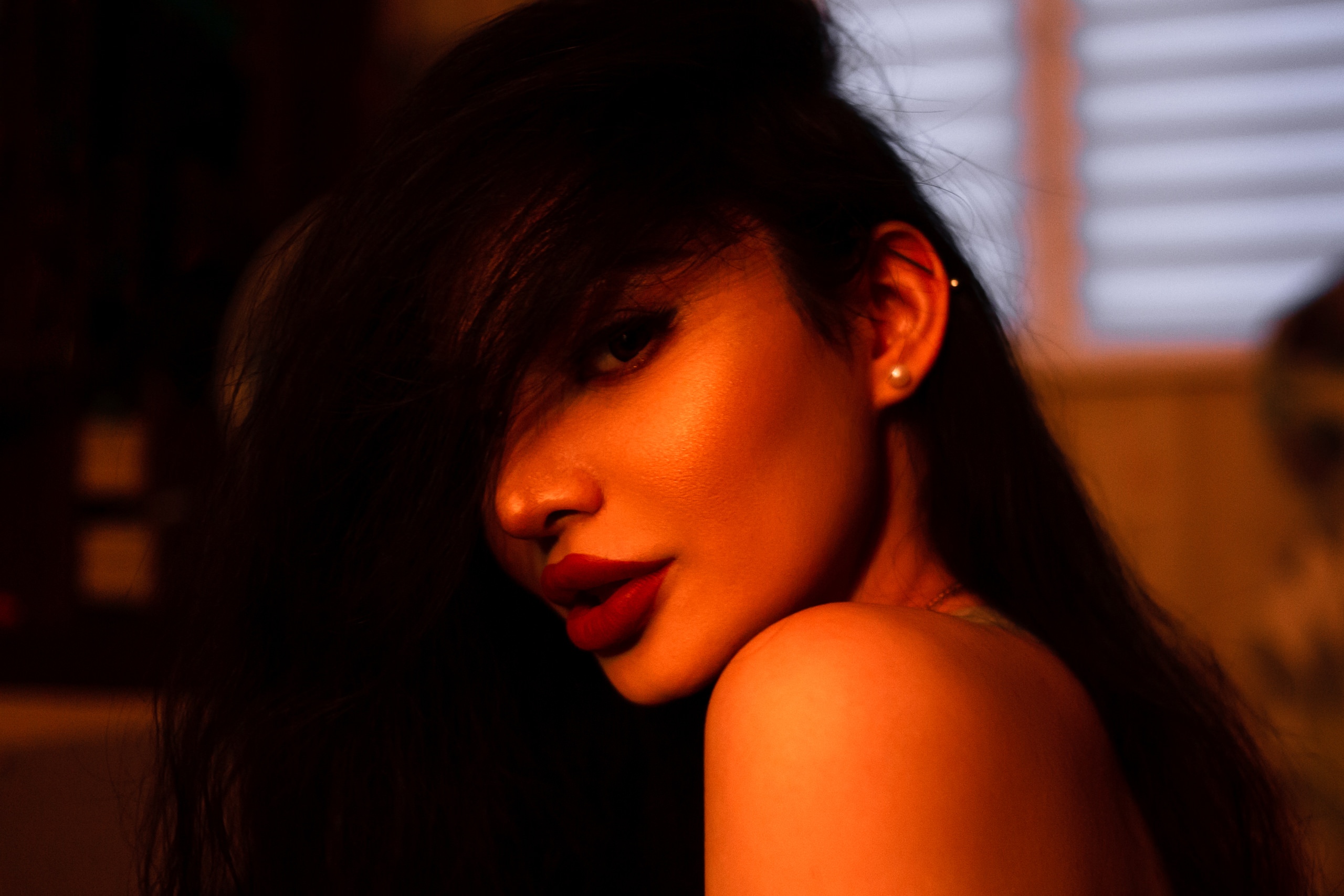 Women Face Portrait Red Lipstick Hair In Face Brunette 2560x1707