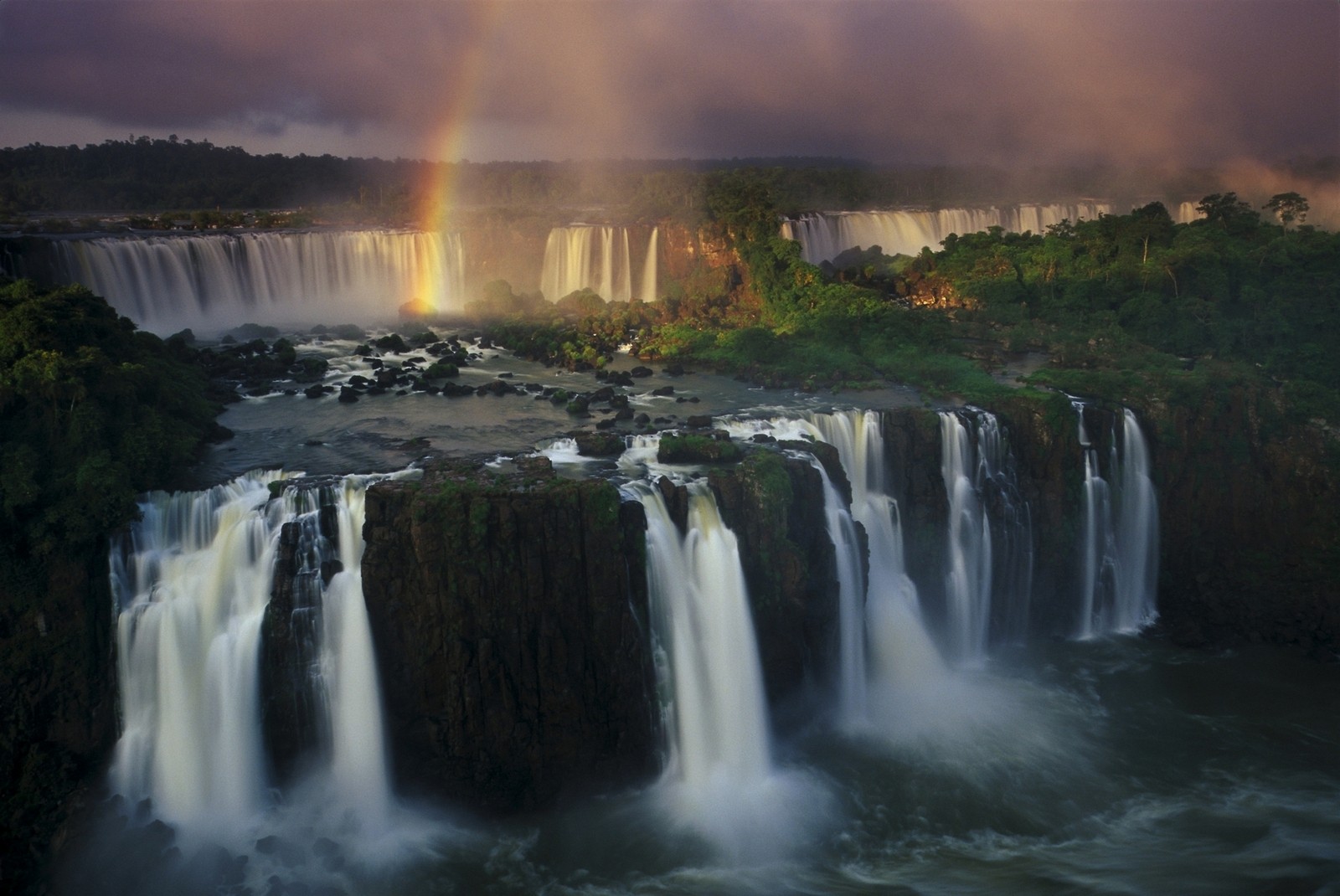 Iguazu Falls Waterfall River Rainbows Forest Clouds Brazil Argentina Landscape Nature 1600x1070