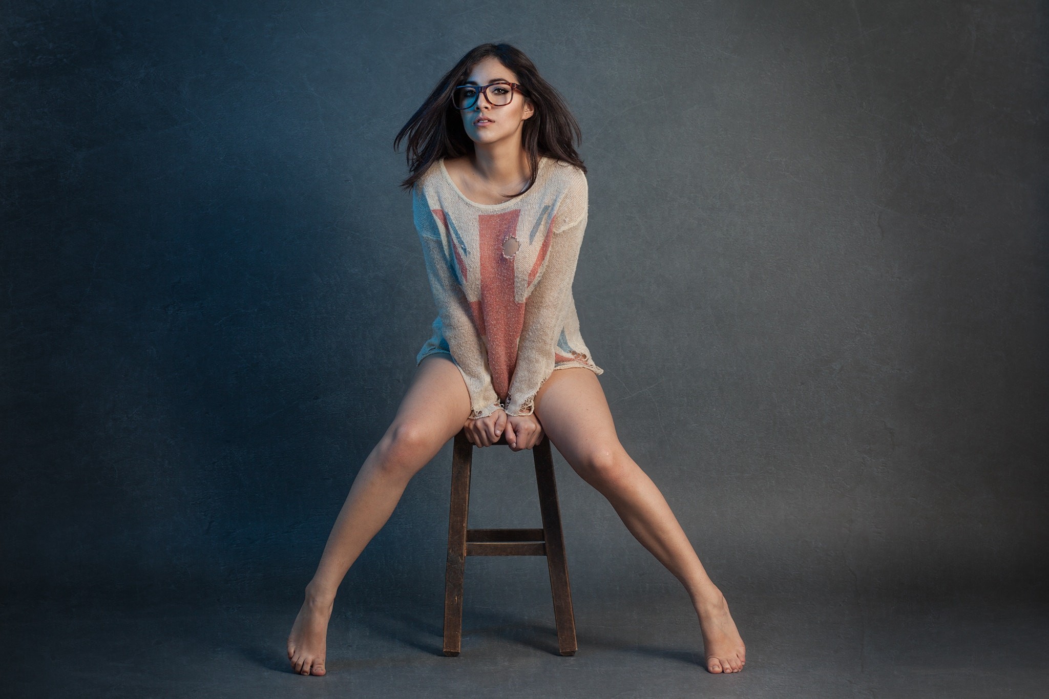 Women Brunette Legs Women With Glasses Barefoot Sitting Torn Clothes Feet Glasses Simple Background  2048x1365