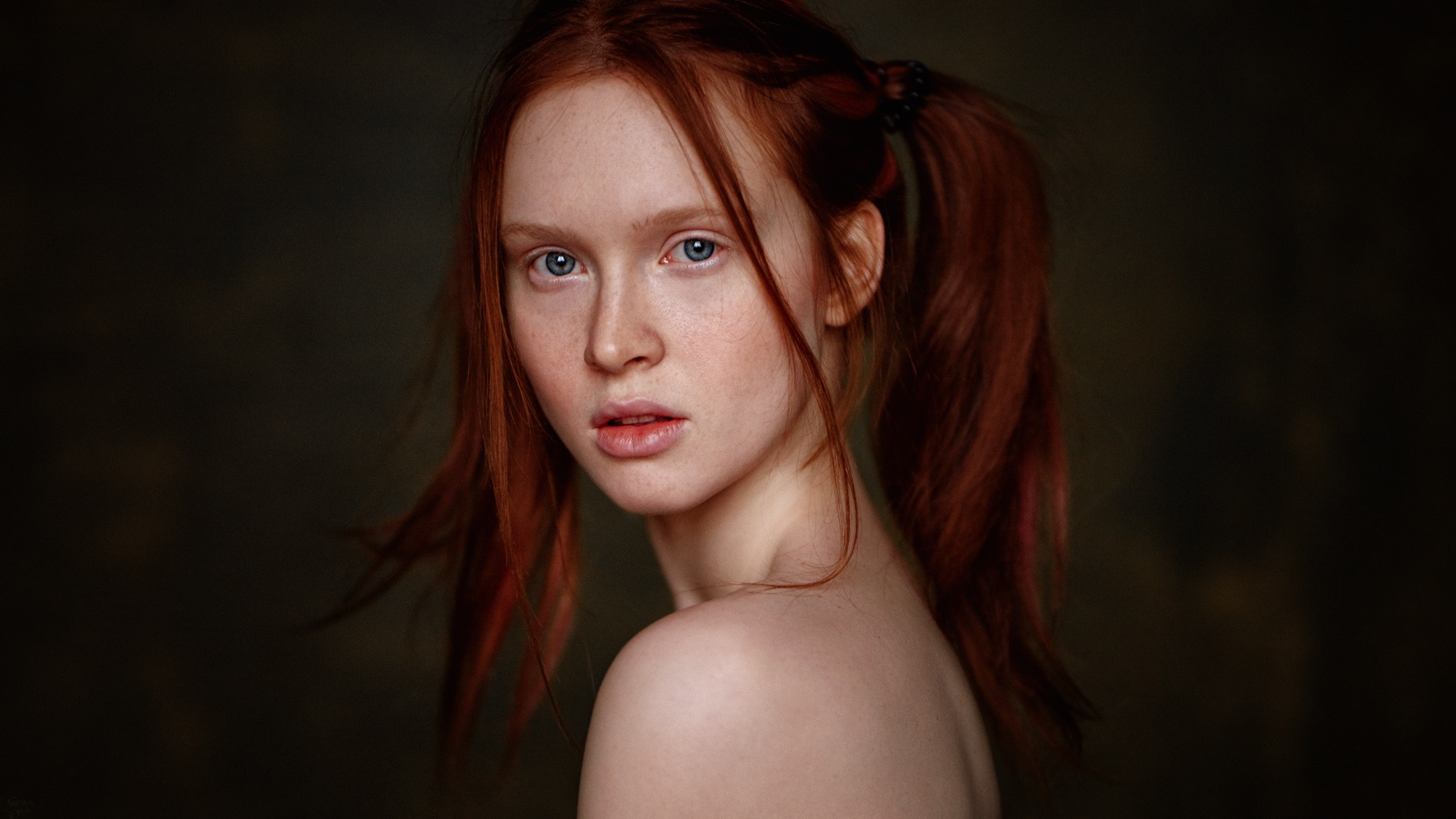 Arina Bikbulatova Women Redhead Model Pigtails Closeup Portrait Face Looking At Viewer Parted Lips B 2000x1125