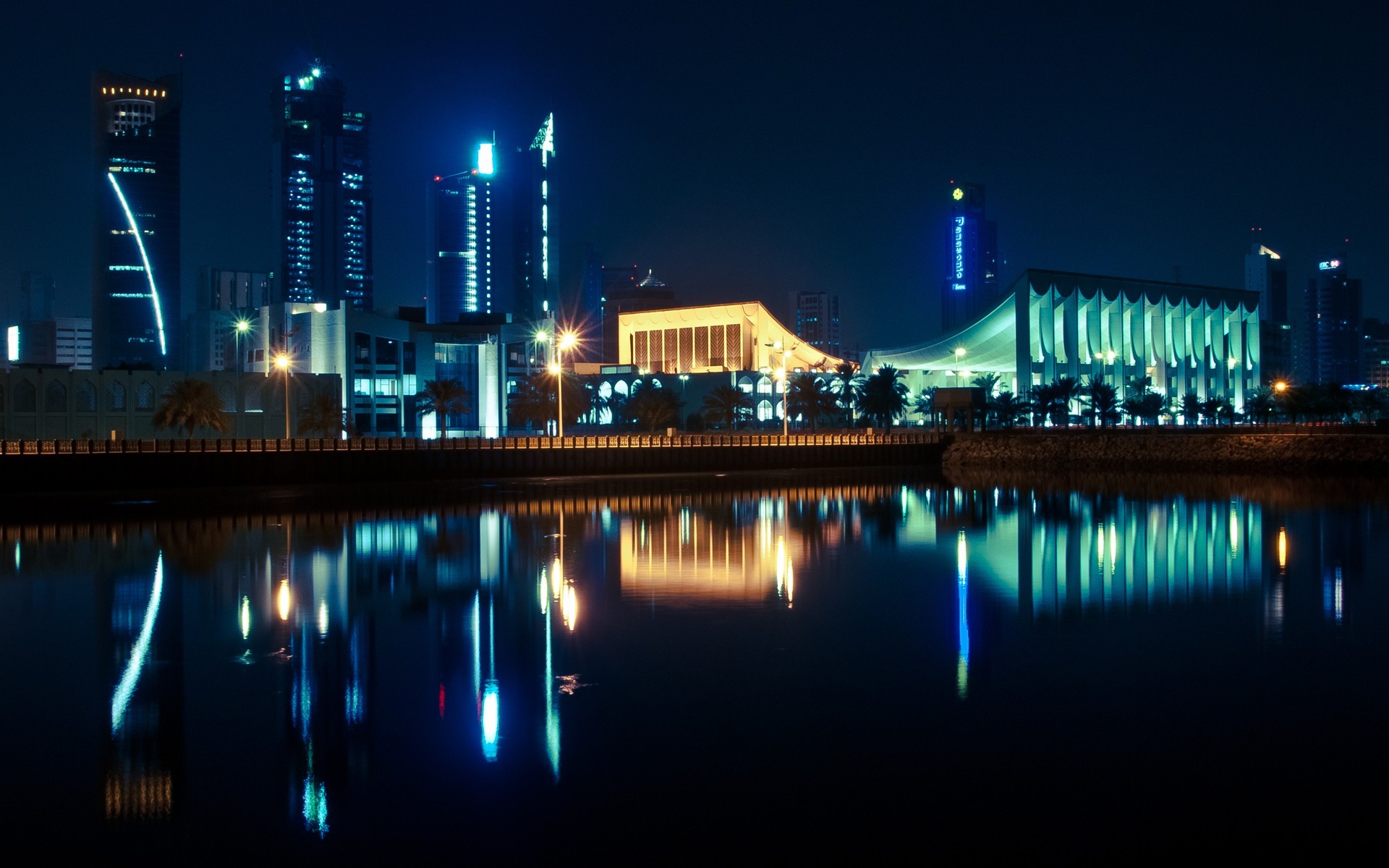 City Cityscape Kuwait Night Water Lights Reflection Blue 1920x1200