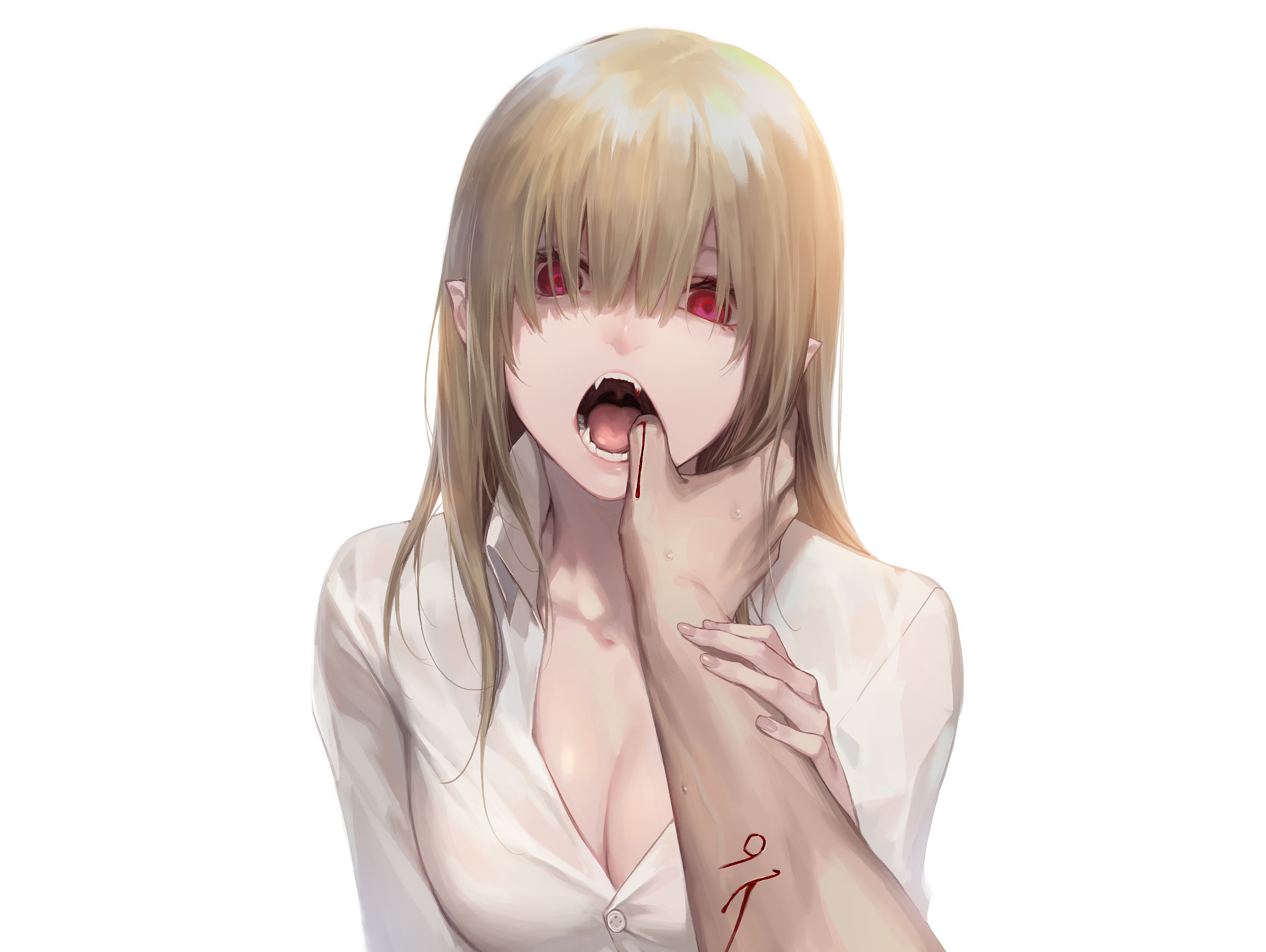 Open Mouth Fang Blonde Red Eyes Shirt Vampira Pointed Ears Anime 3320x2496