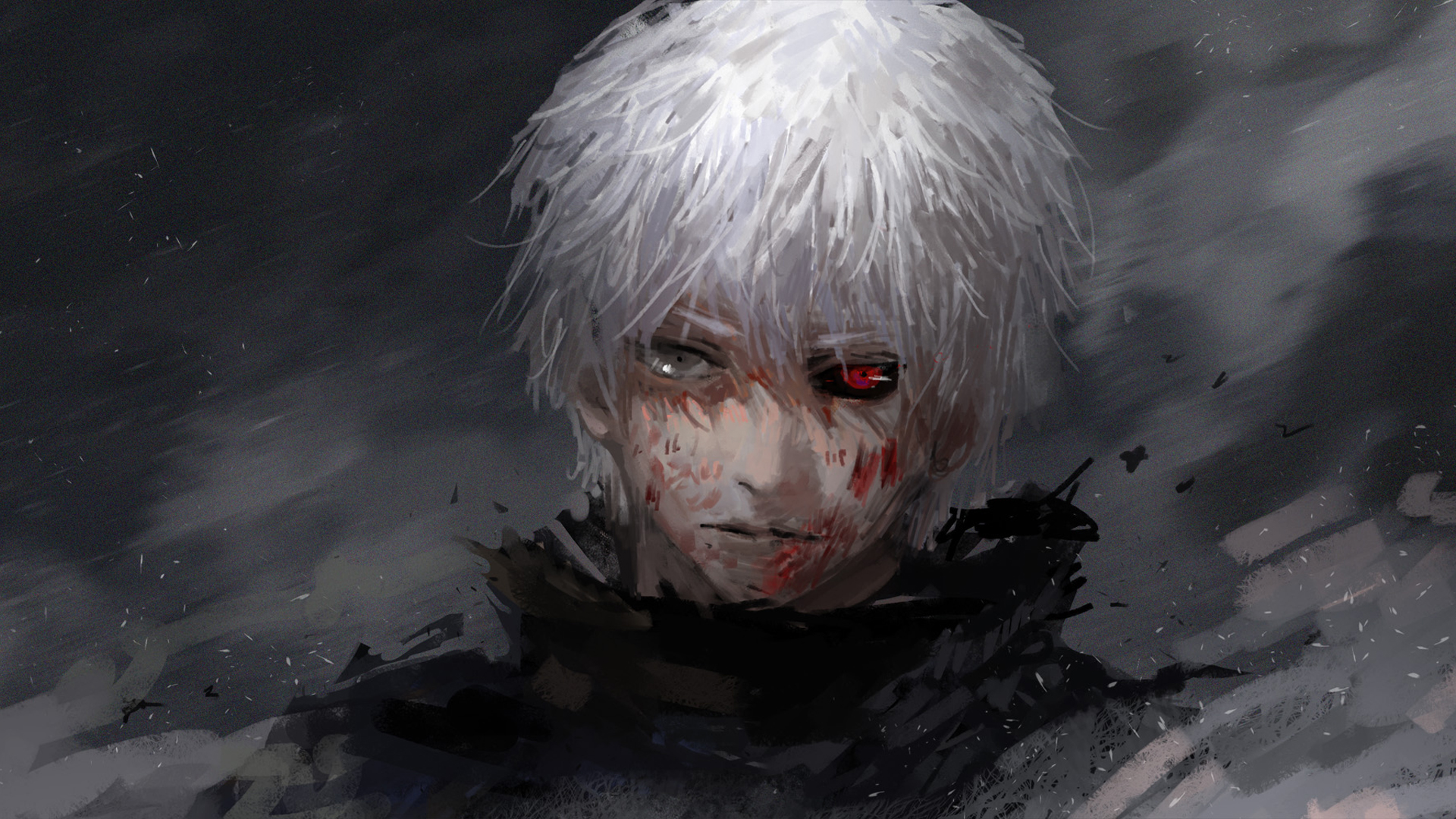 Ken Kaneki Tokyo Ghoul Boy White Hair Red Eyes Grey Eyes Heterochromia Blood Wound 1920x1080