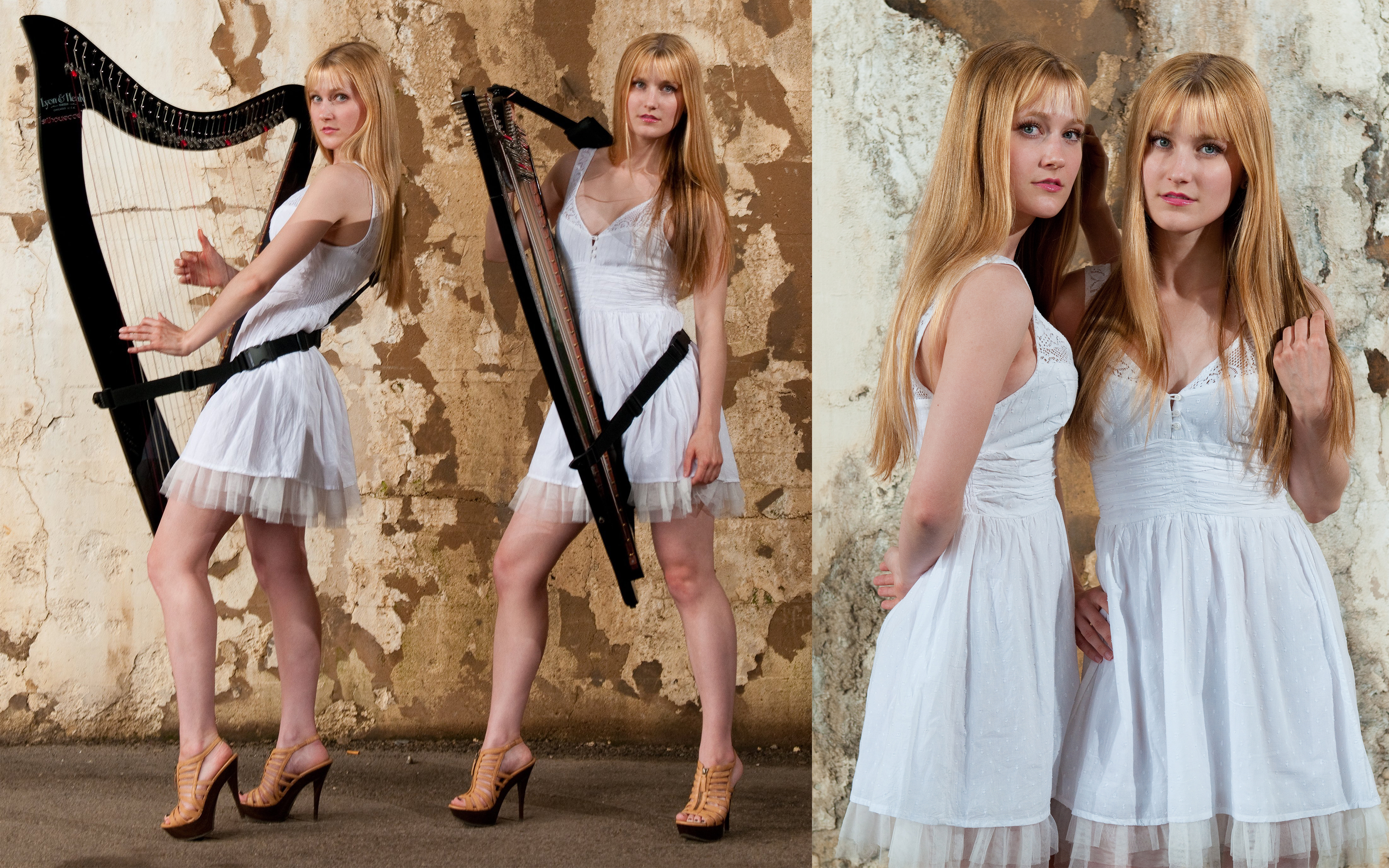 Women Musician Harp Twins Blonde Twins 3840x2400