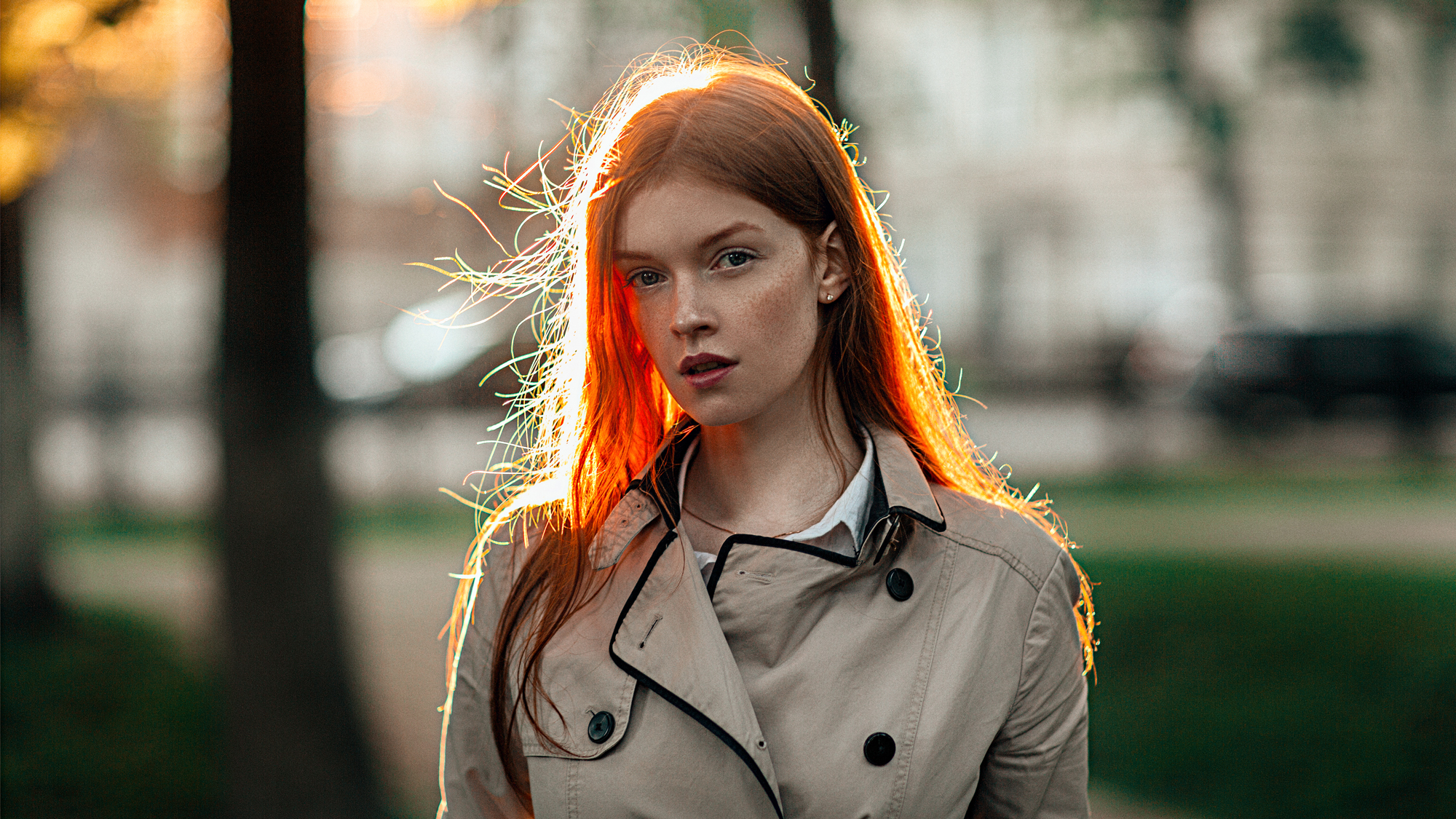 Women Model Redhead Looking At Viewer Portrait Outdoors Coats Backlighting Sunset Depth Of Field Ear 2000x1125