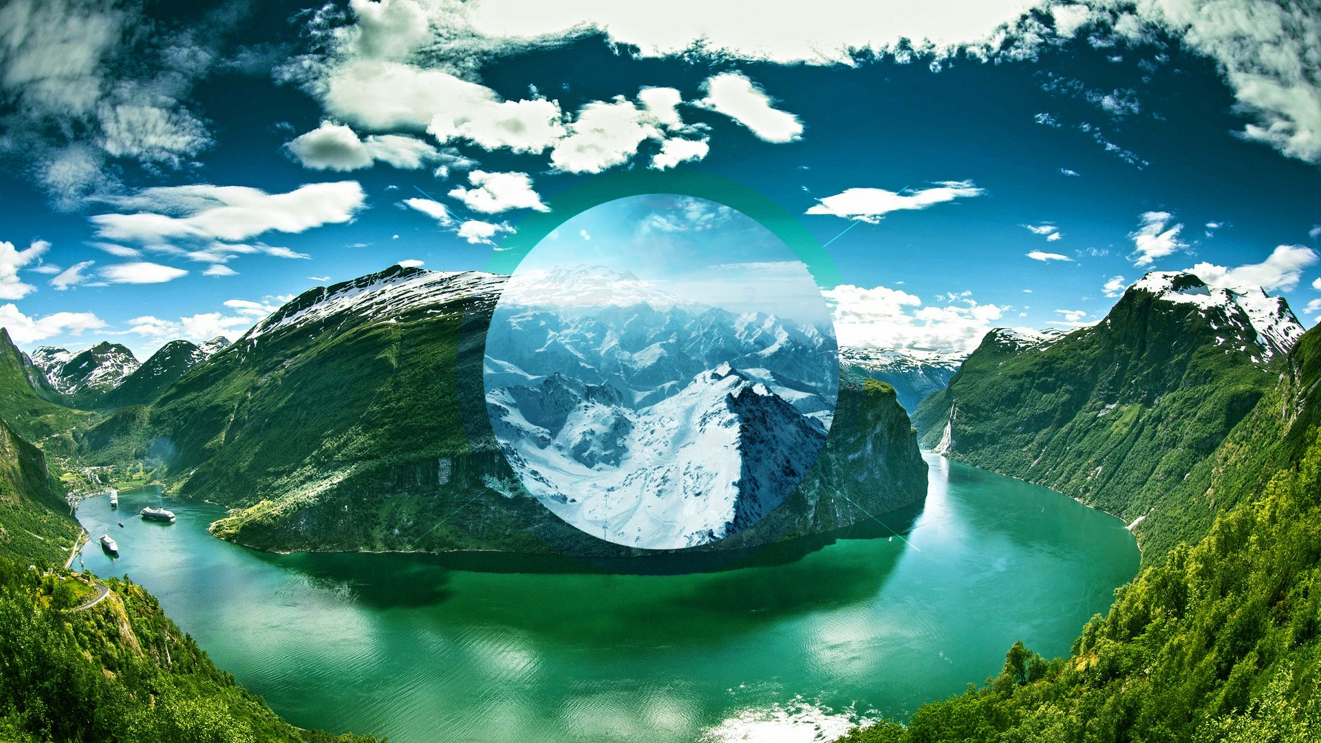 Landscape Sea Circle Geirangerfjord Norway Mountains Nature Digital Art 1920x1080