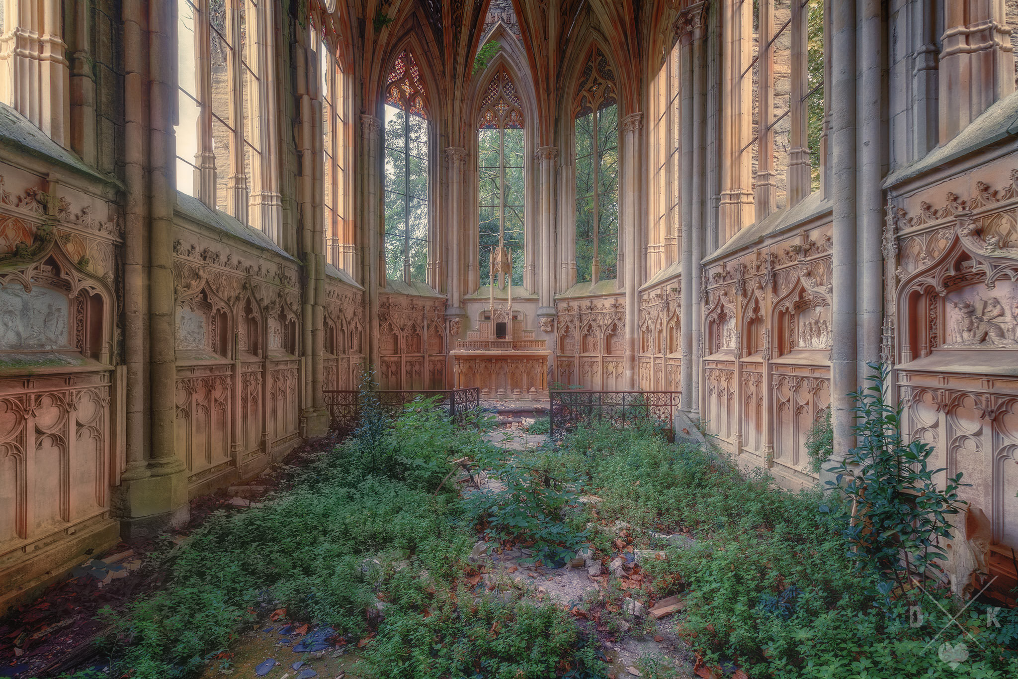 Building Abandoned Interior Arch Overgrown Plants Altar Chapel France 2048x1365