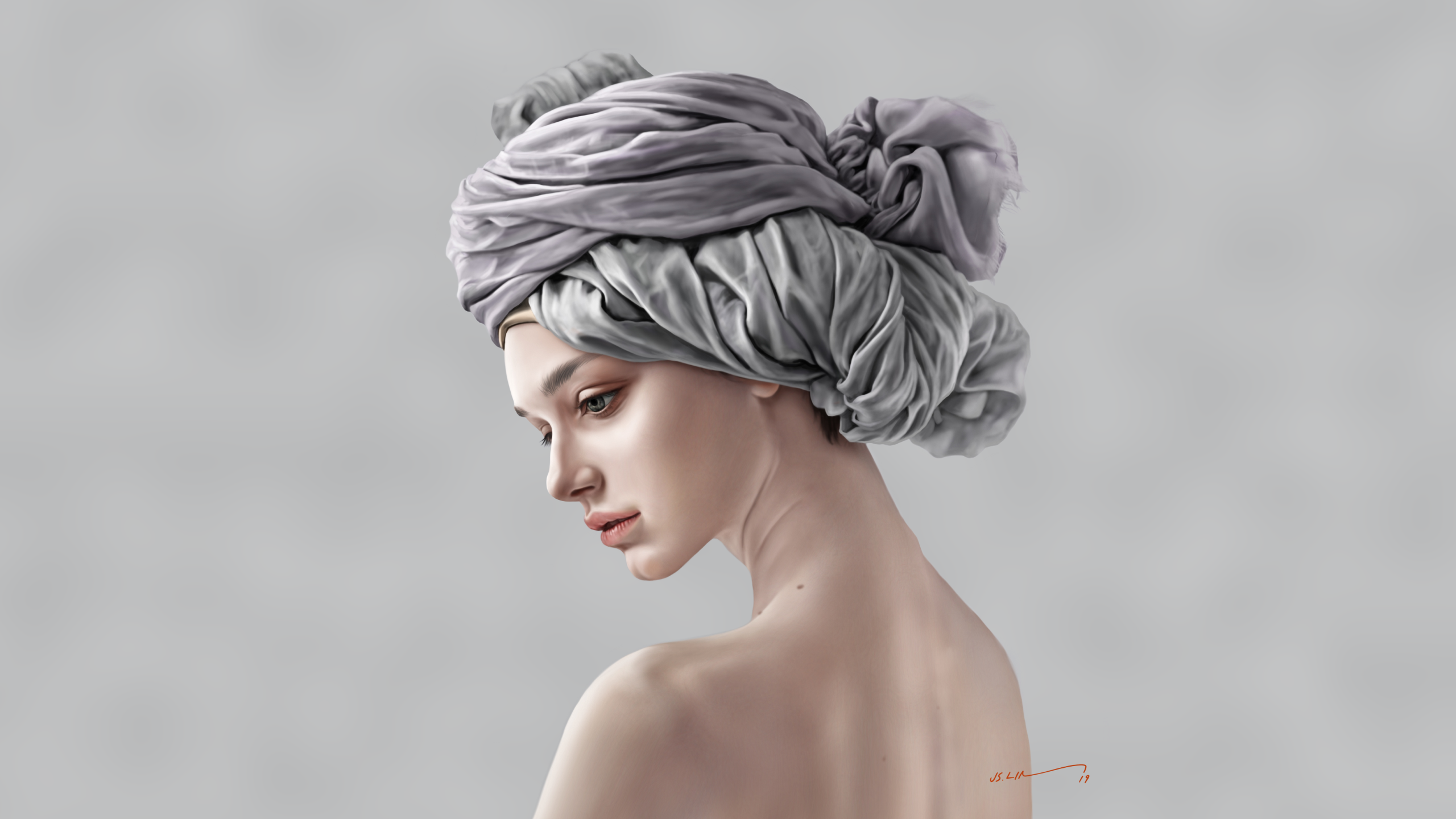 Women Portrait Gray Eyes Looking Away Bare Shoulders Back Cloth Artwork Digital Art Drawing Digital  2560x1440