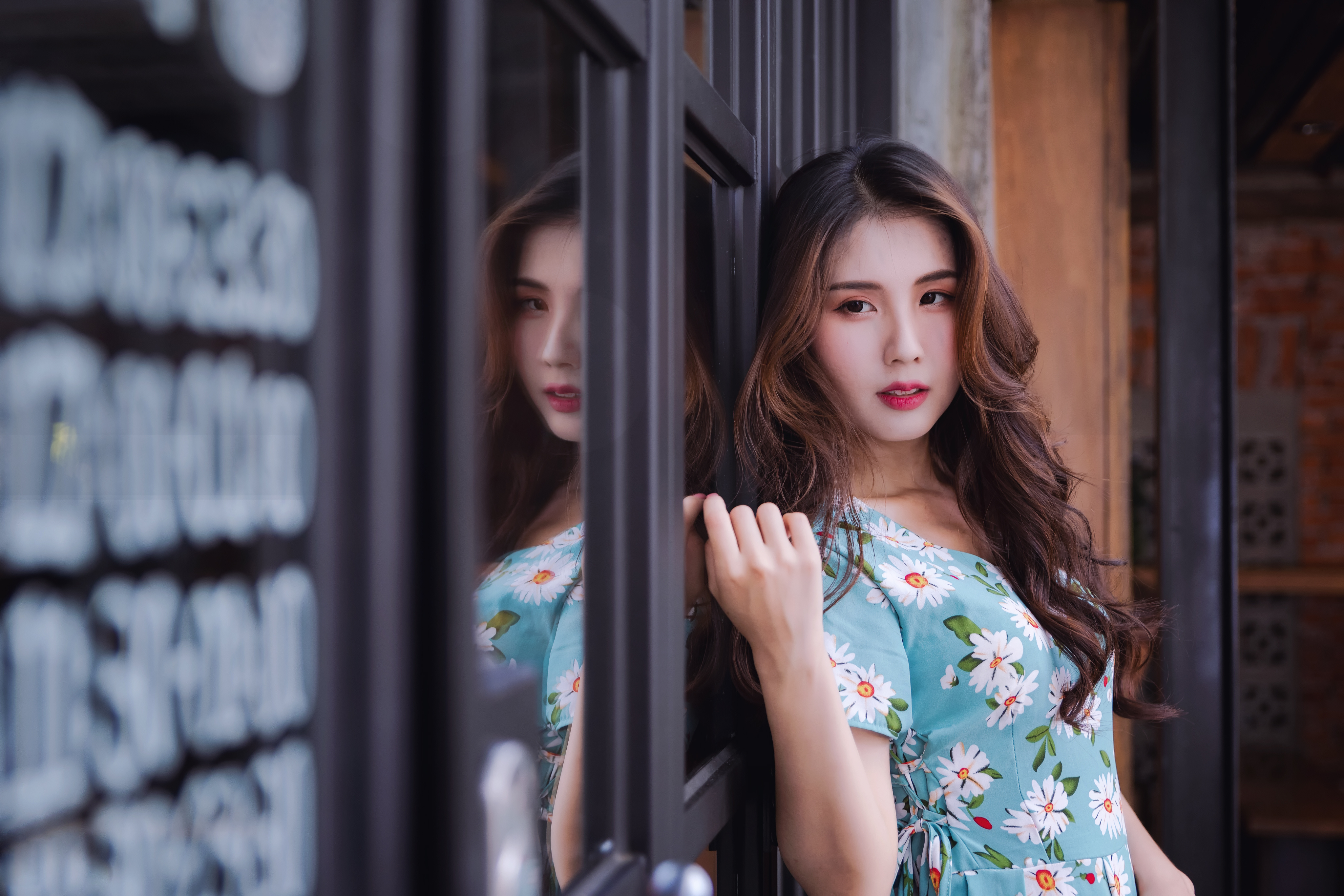 Asian Model Women Brunette Long Hair Leaning Flower Dress Window Frames Looking Away 4096x2731