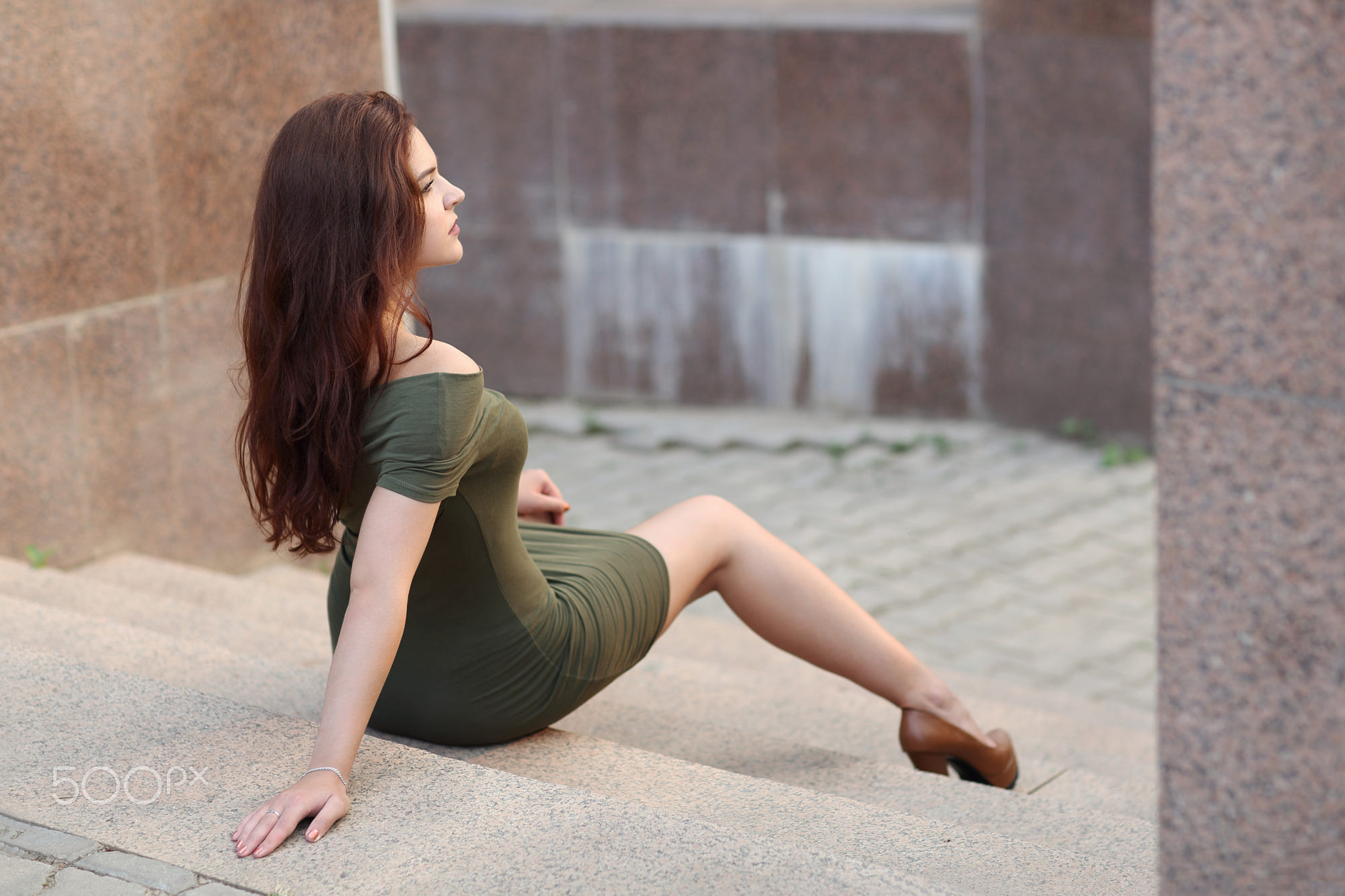 Women Brunette Women Outdoors Sitting Stairs Long Hair High Heels Rear View Legs Murat Kuzhakhmetov  2000x1333