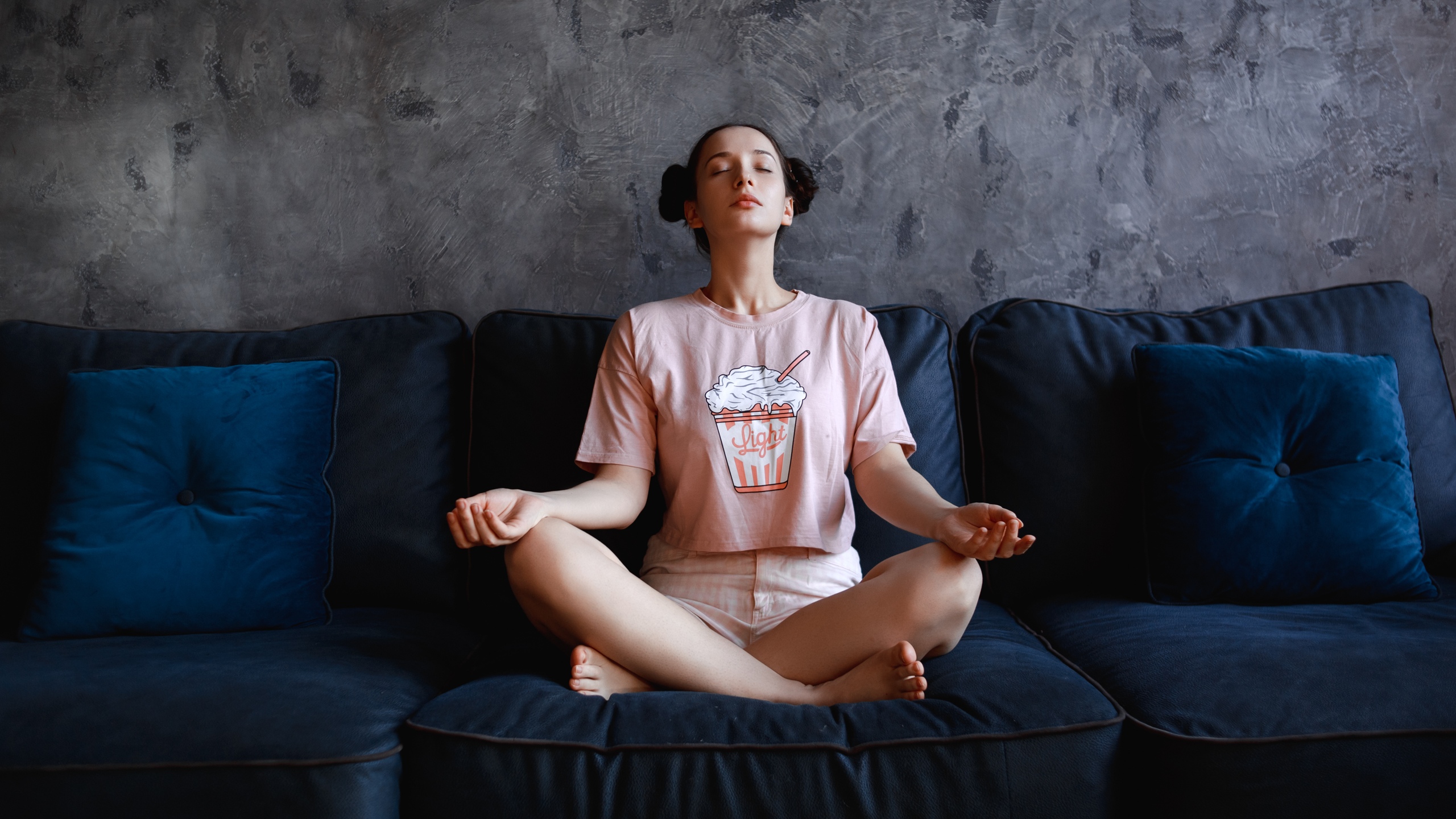 Olga Bazanova Women Model Brunette Hairbun Closed Eyes T Shirt Sitting Meditation Legs Crossed Baref 2560x1440