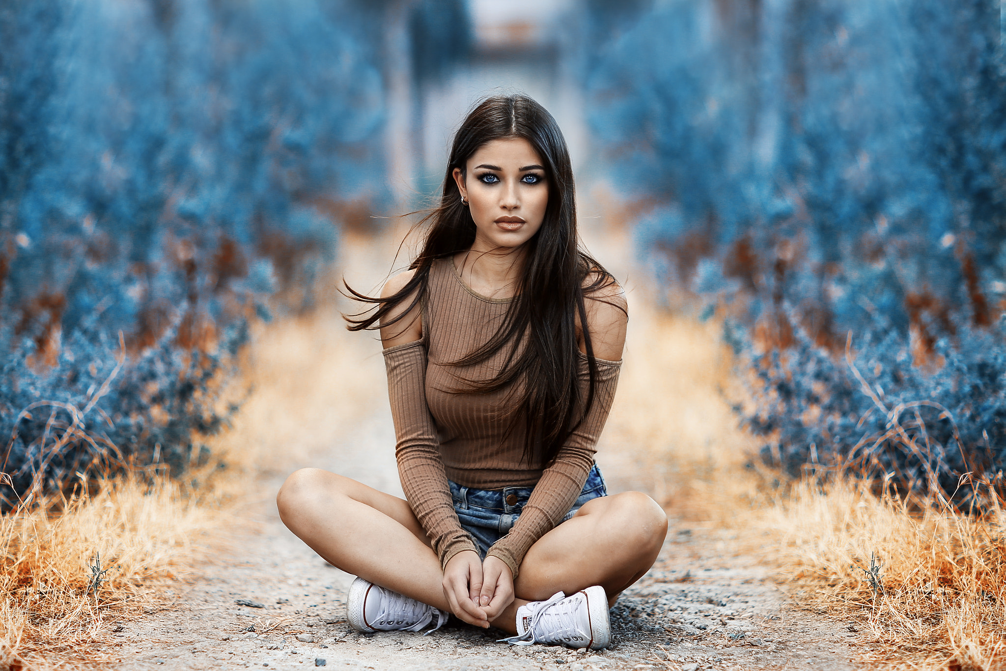Women Tanned Sitting Sneakers Blue Eyes Legs Crossed Depth Of Field Alessandro Di Cicco 2048x1365