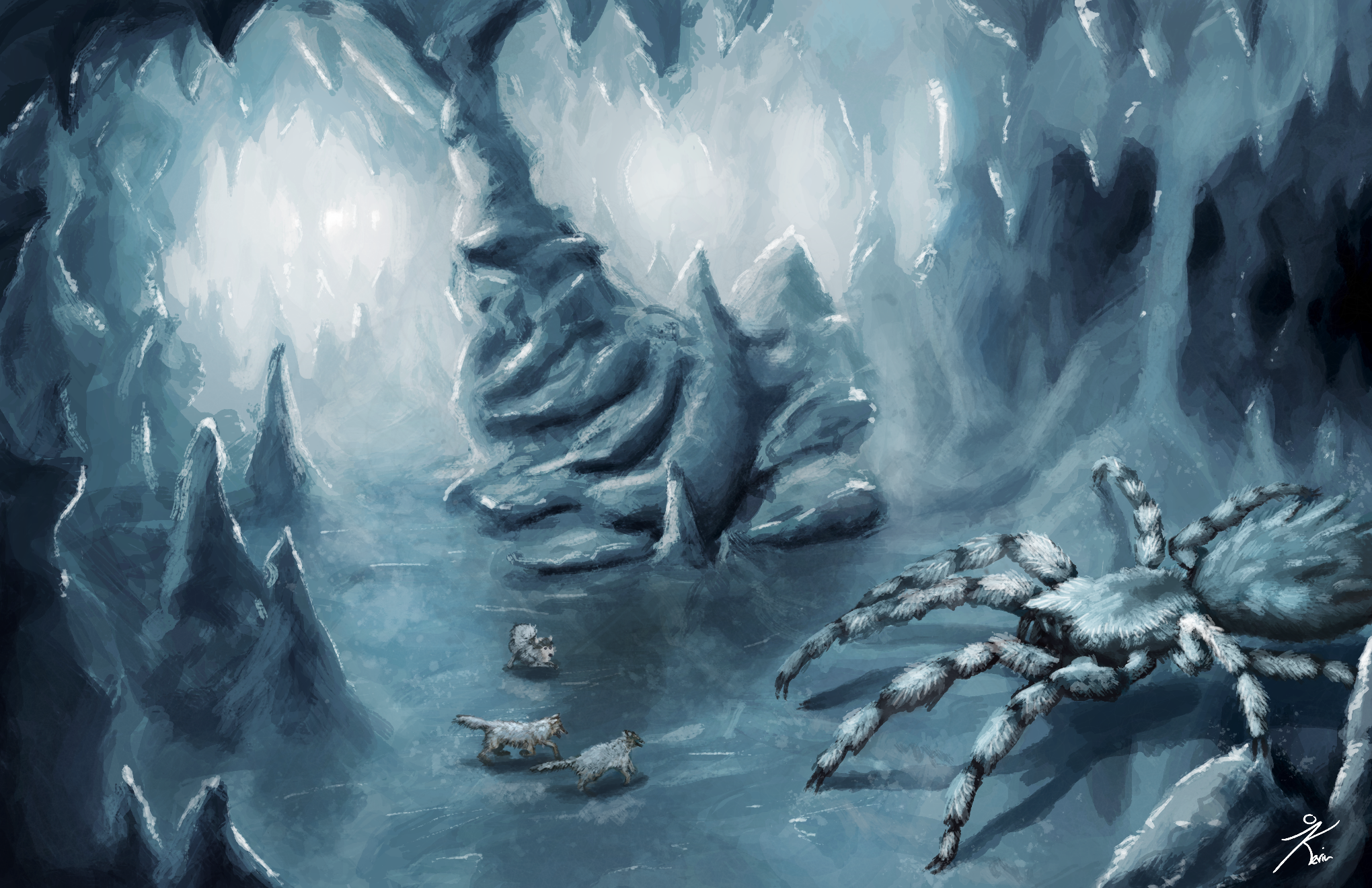 Creature Ice Spider Giant Wolf Cave Blue Drawing Fantasy Art Kev Art 2040x1320
