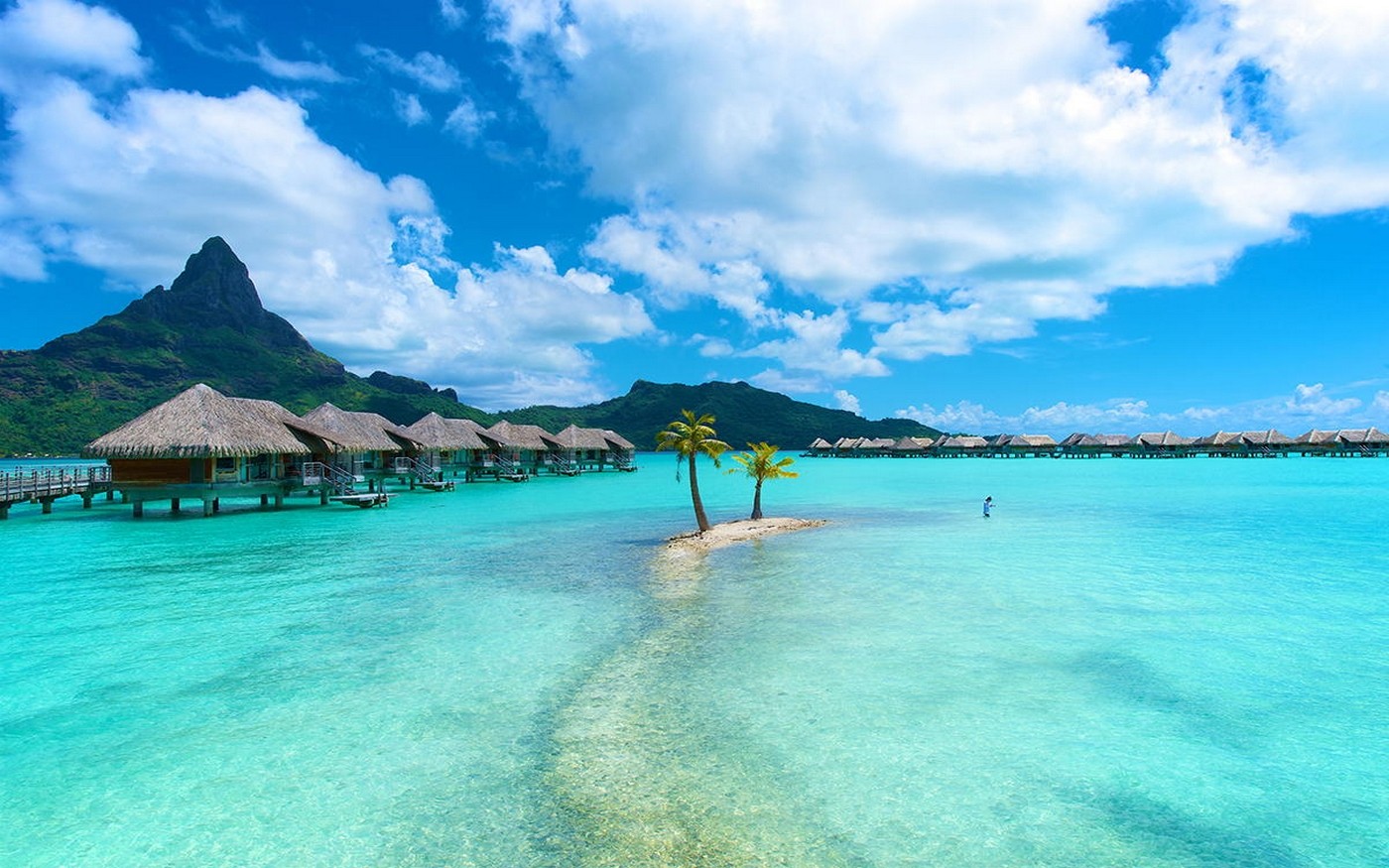 Nature Landscape Bora Bora Resort Island Tropical Sea Beach Palm Trees Clouds Mountains Turquoise Wa 1400x875