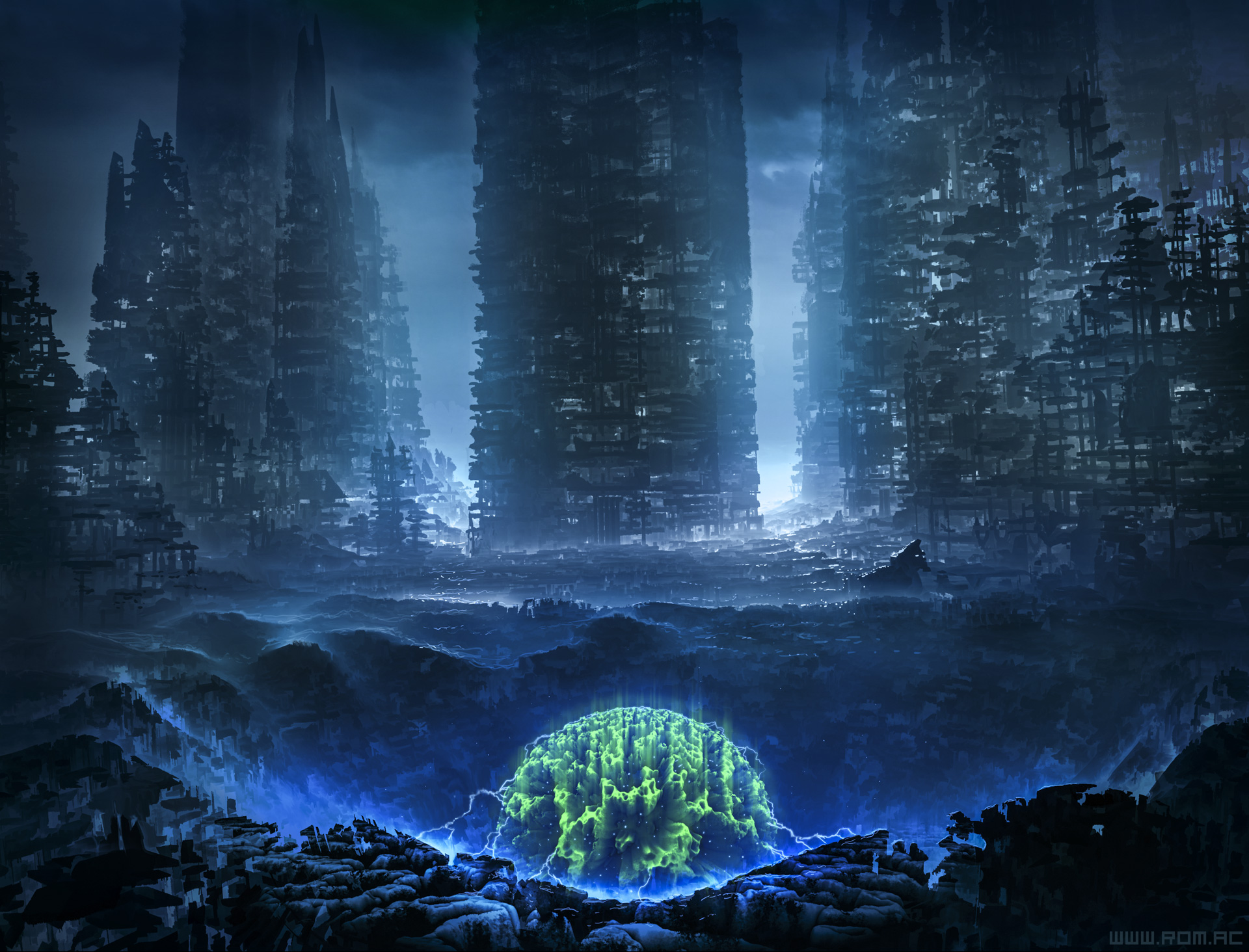 Romantically Apocalyptic Science Fiction Glowing Orb Green Blue City Ruins Crater Electricity 1920x1464
