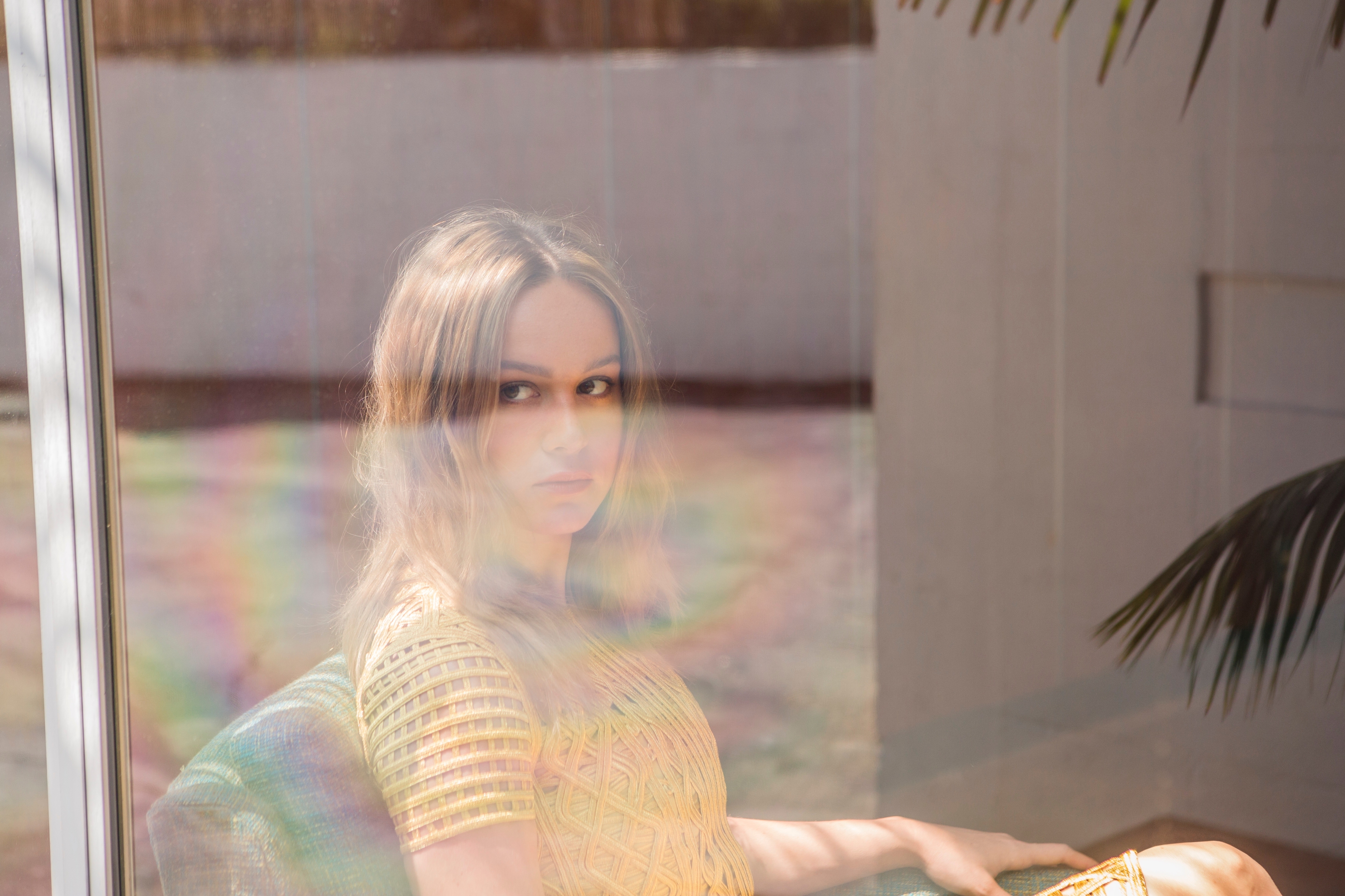 Actress Women Brie Larson Brunette Looking Out Window Reflection Brown Tops 3600x2400
