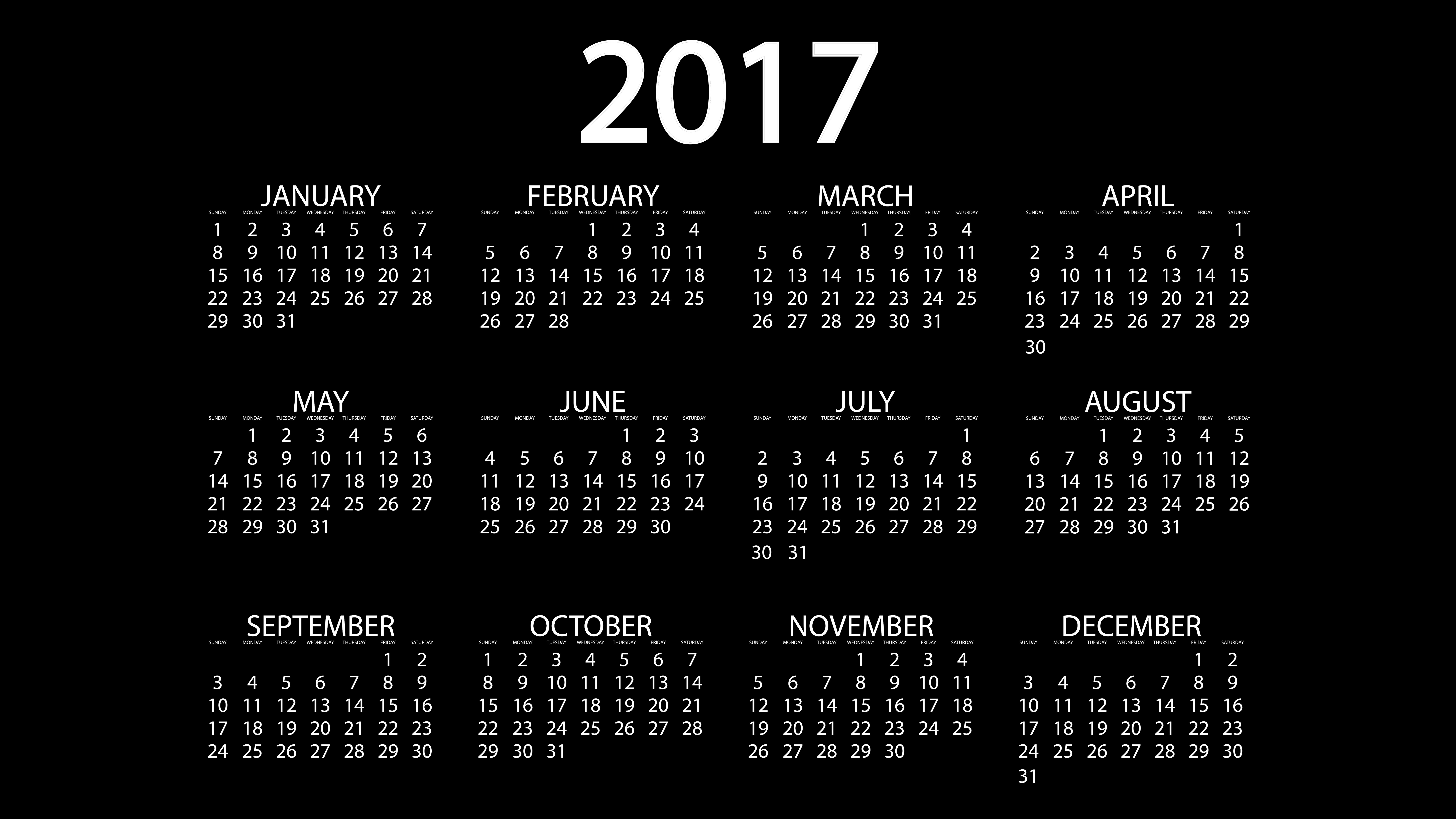 Black Background 2017 Year Month Calendar Simple 8724x4907