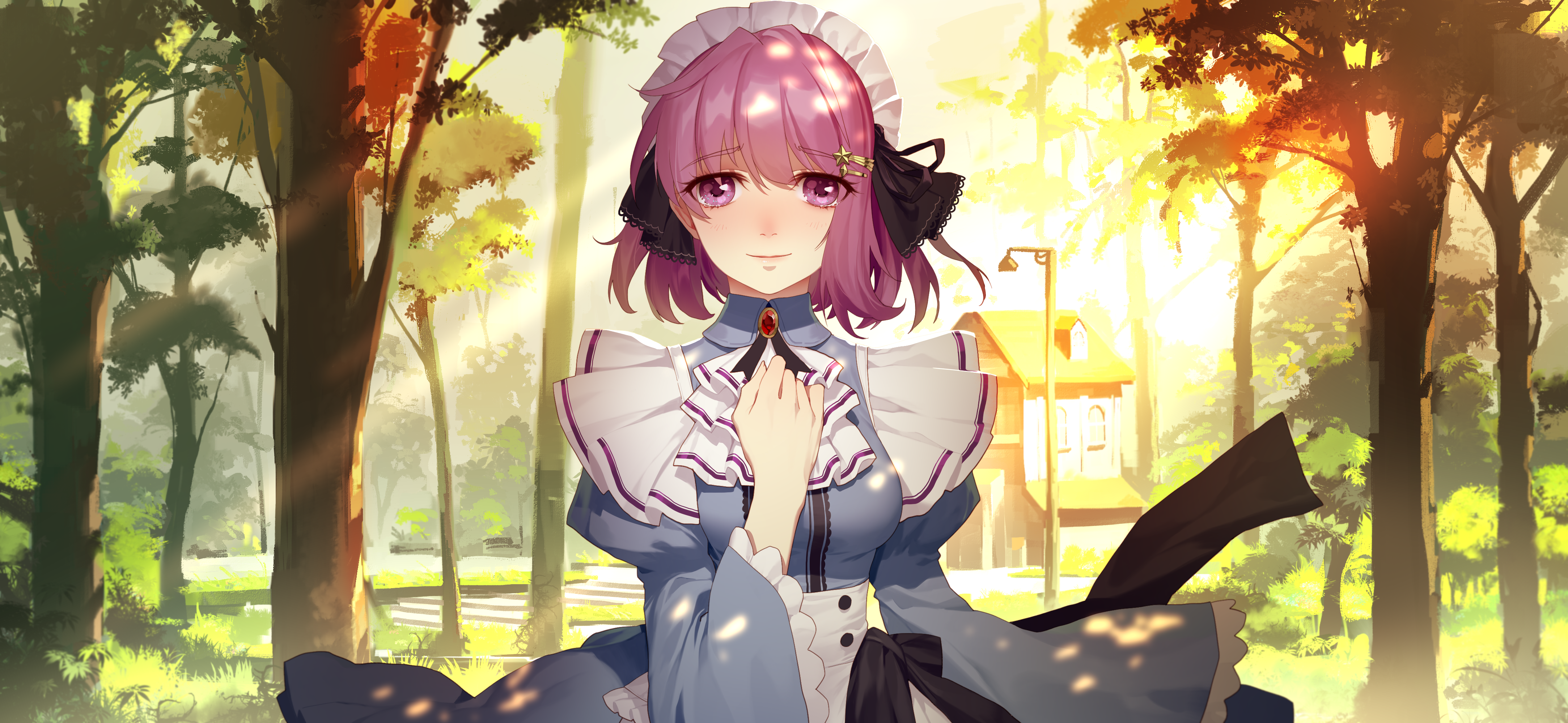 Anime Girls Original Characters Purple Hair Purple Eyes Tears Smiling Dress Maid Maid Outfit Outdoor 4334x2000