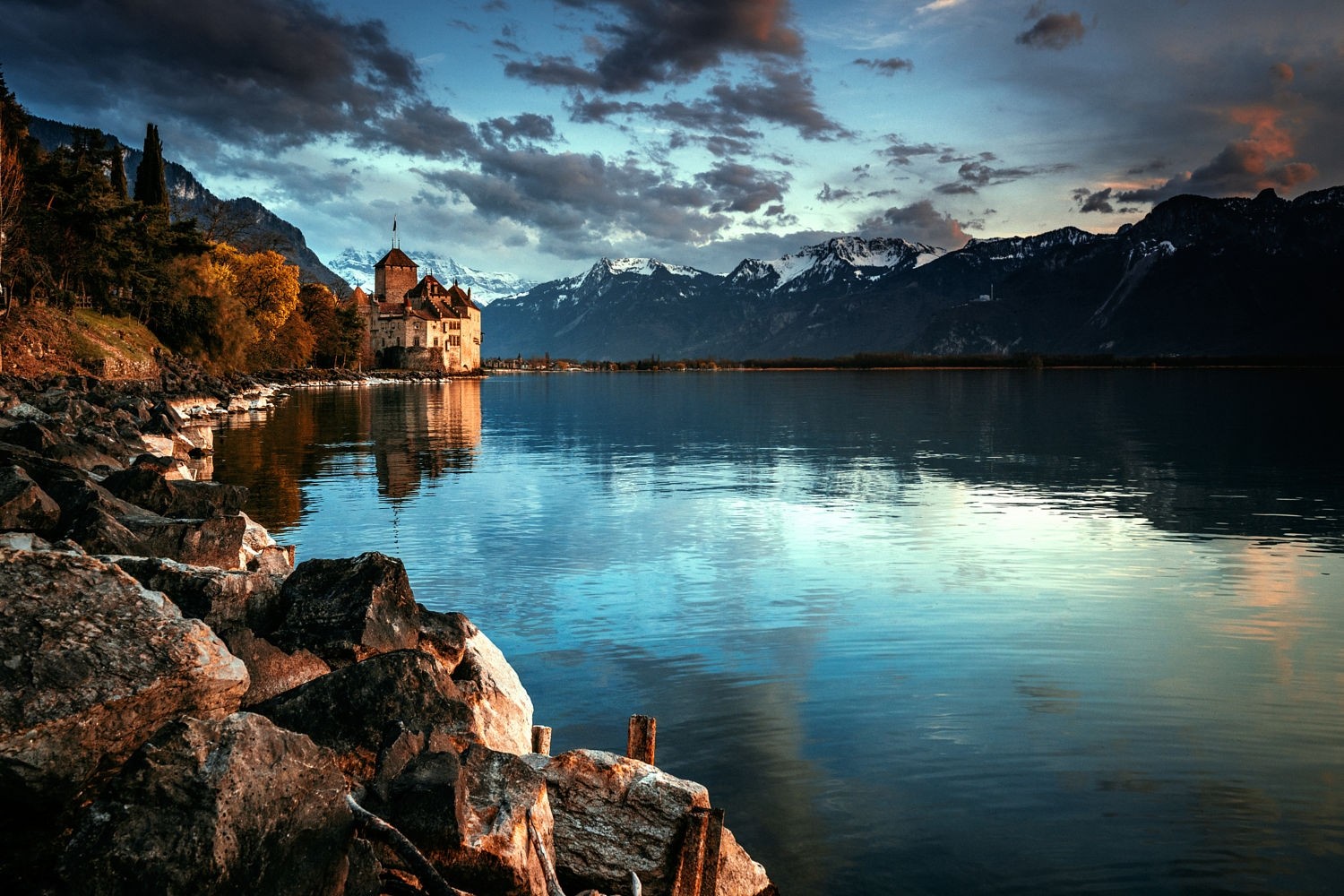 Nature Photography Landscape Lake Mountains Fall Snowy Peak Chillon Castle Switzerland 1500x1000