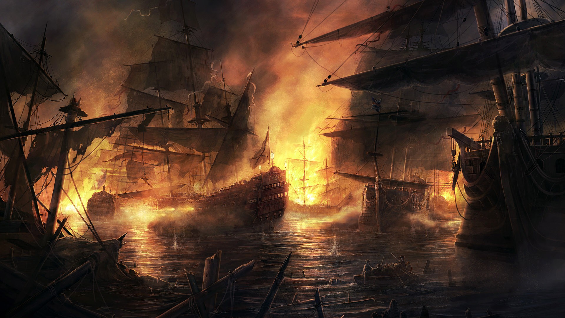 Sailing Ship Fire Smoke Cannons Empire Total War 1920x1080