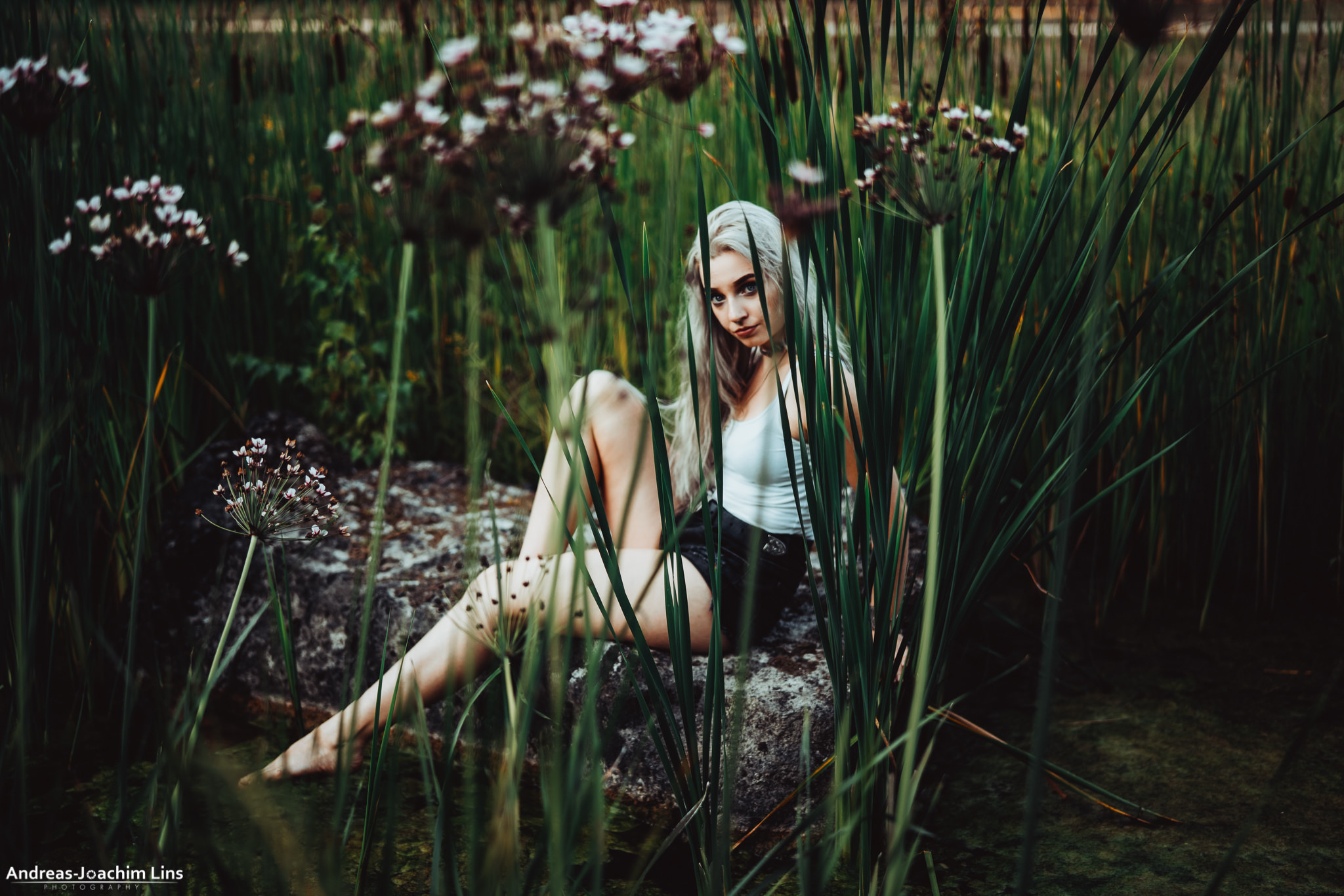 Andreas Joachim Lins Women Model Silver Hair Looking At Viewer Sitting Barefoot Plants Water Women O 2048x1366