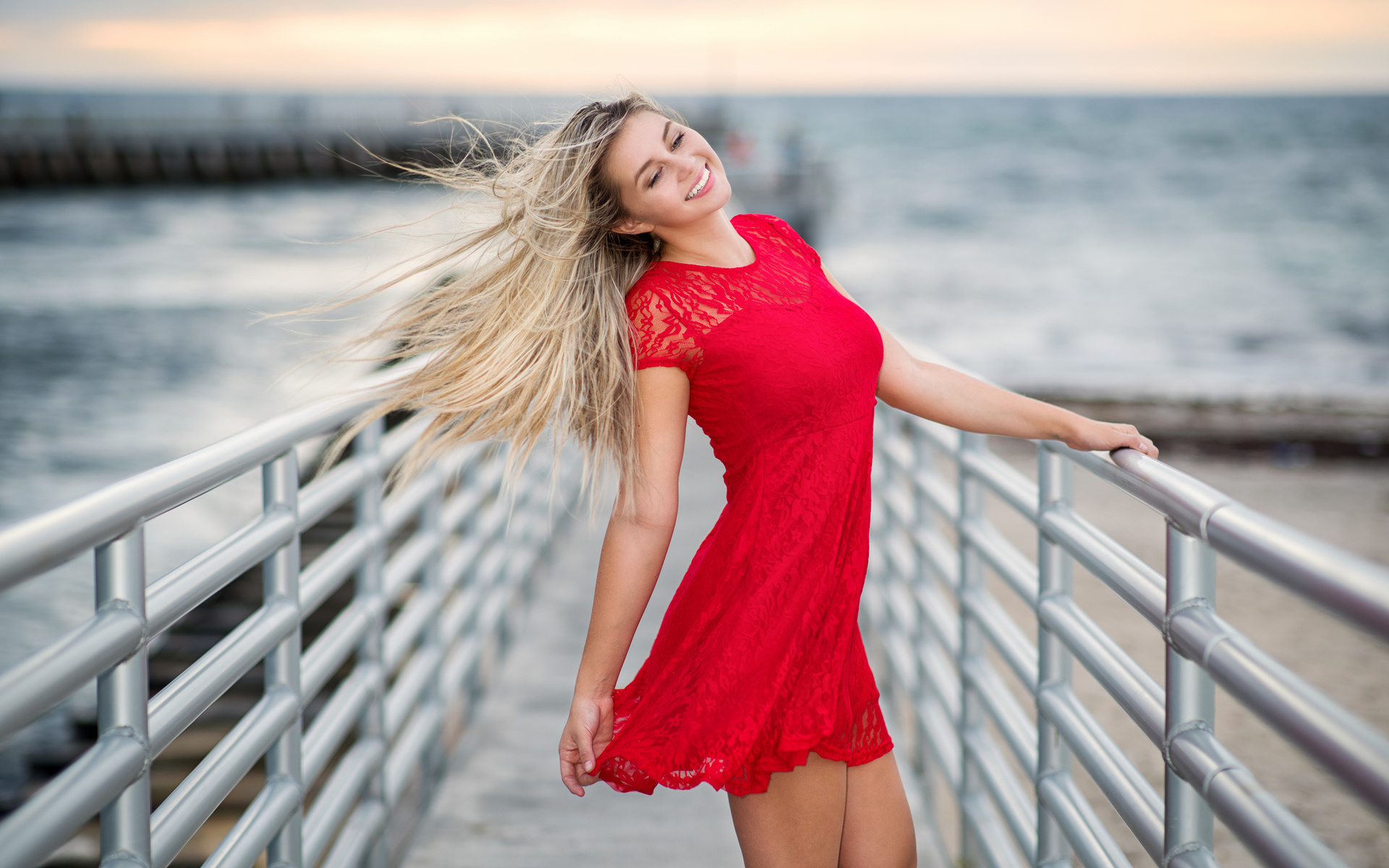 Women Blonde Smiling Red Dress Wind Ri Hane Christopher Rankin Windy Happy Bridge Open Mouth Dress M 1920x1200