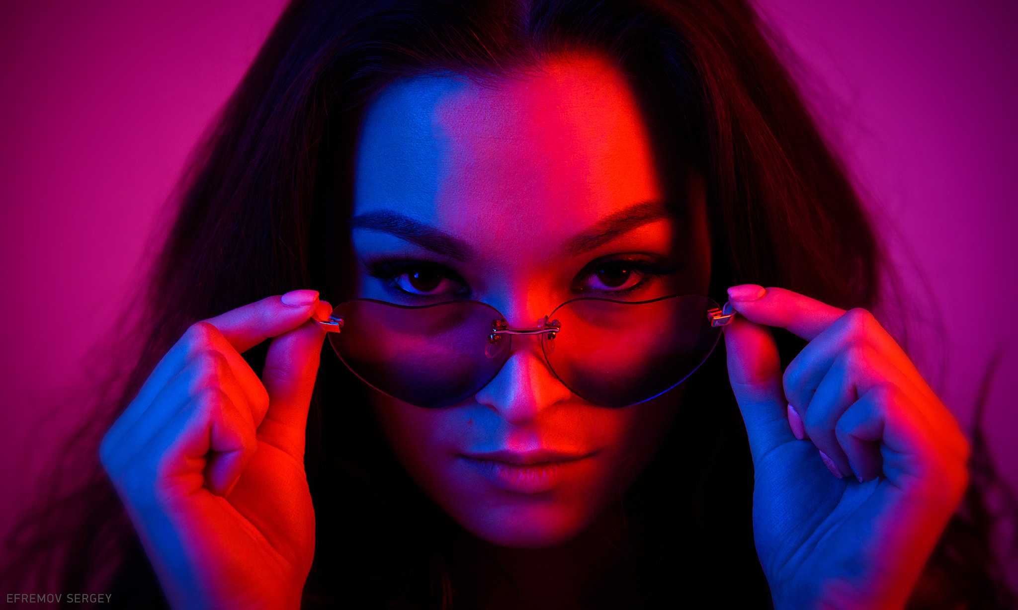 Women Face Portrait Women With Glasses Neon Sergey Efremov Touching Glasses Red Purple 2048x1228