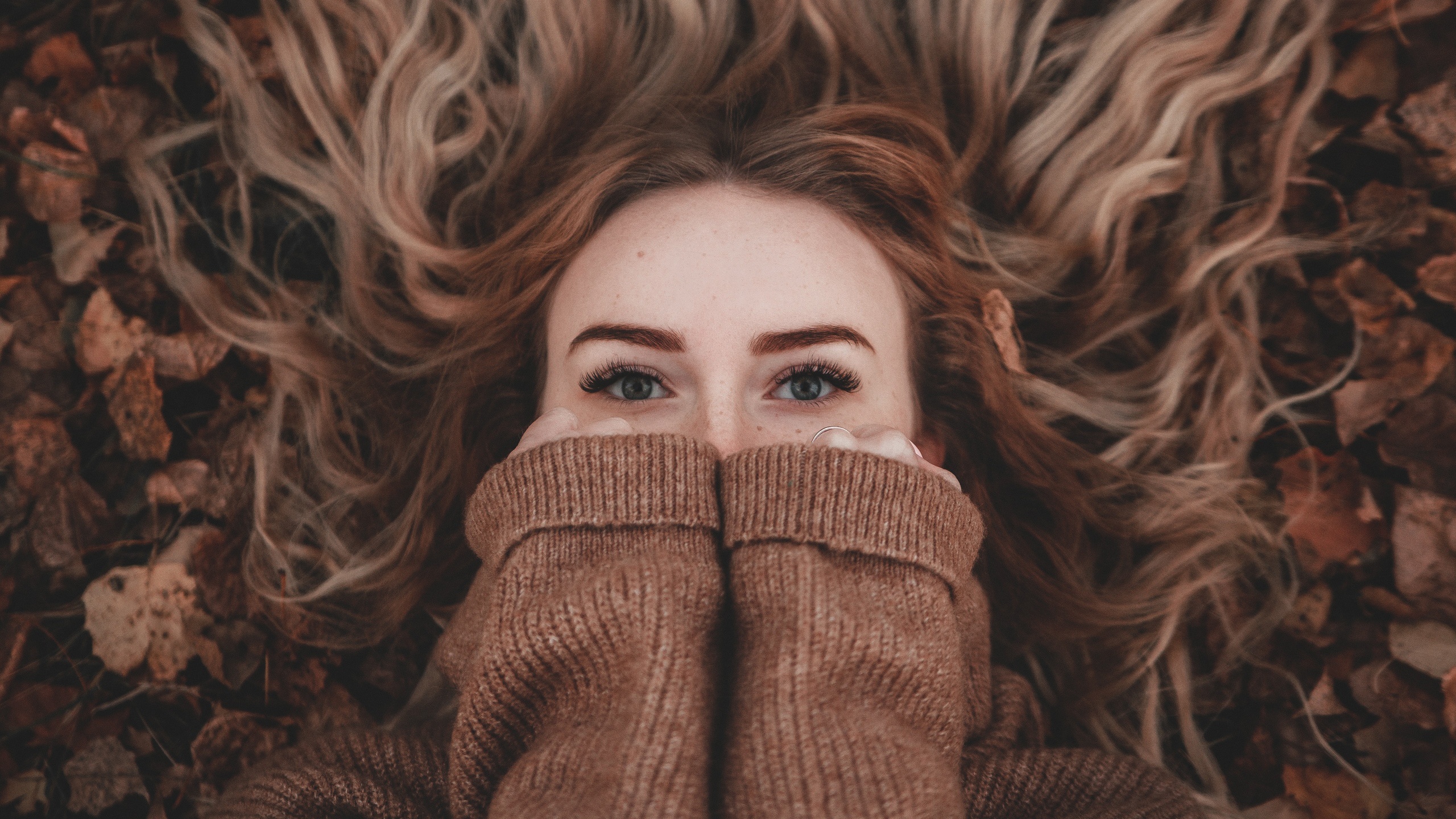 Women Model Face Portrait Covering Face Sweater Brown Sweater Freckles 2560x1440