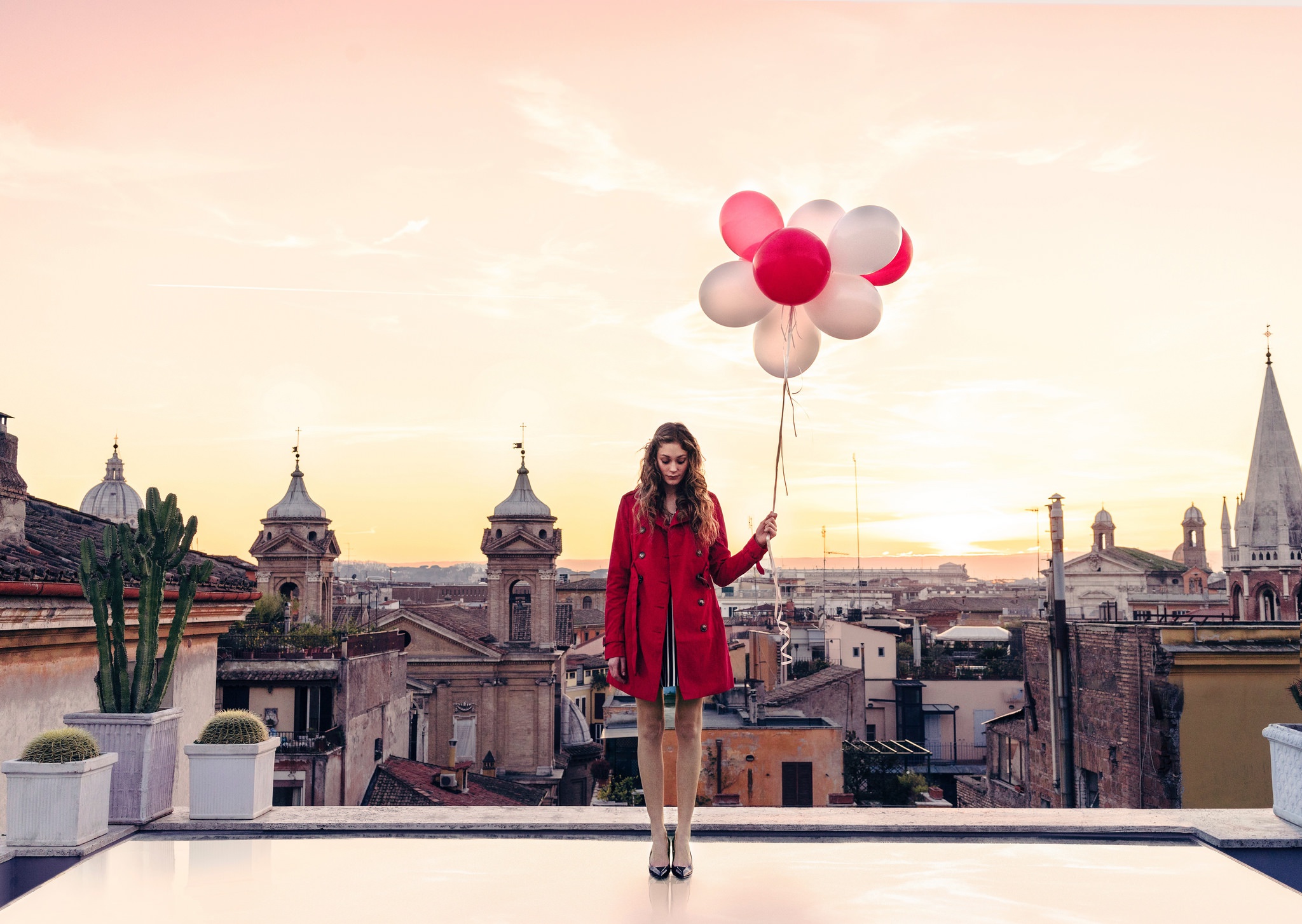 Women Model Blonde Long Hair Women Outdoors Rome Italy Cityscape Coats Rooftops Balloon High Heels C 2048x1454