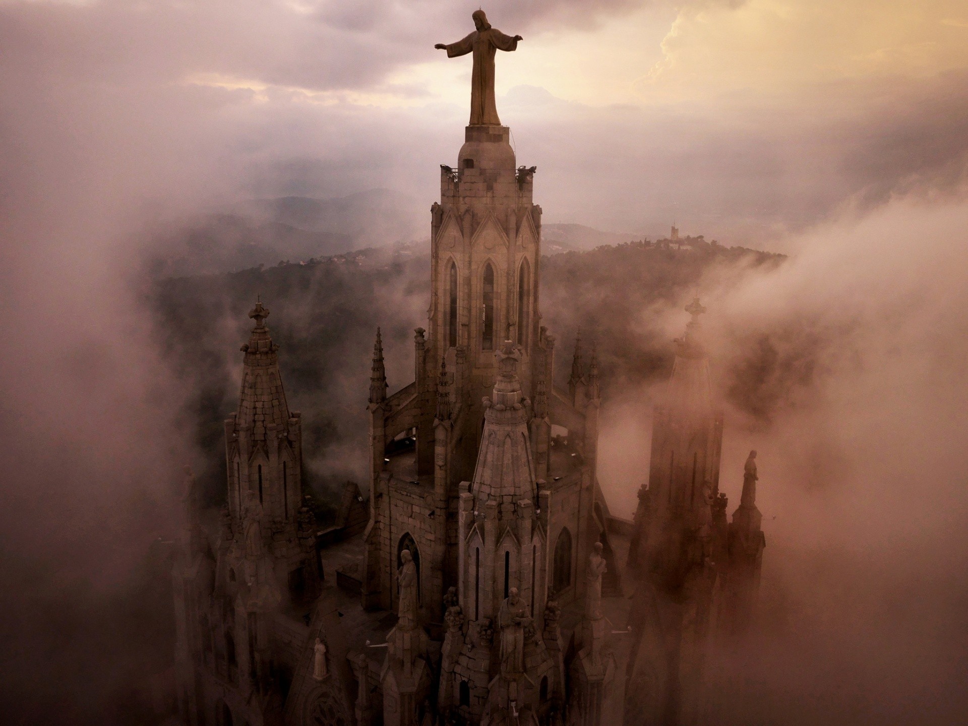 Architecture City Building Statue Jesus Christ Cathedral Clouds Mist Hills Church Barcelona Spain Bi 1920x1440