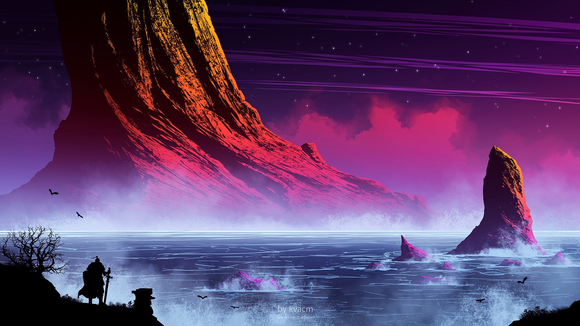 Illustration Kvacm Fantasy Art Mountains Purple Background 1920x1080