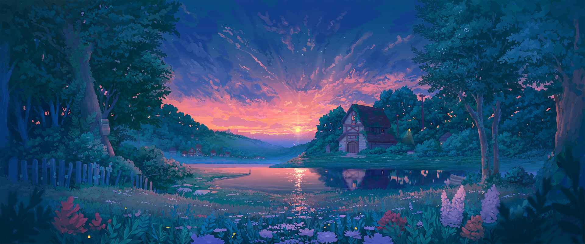 Denis Istomin Painting Lake Forest Cottage Sunrise Lavender Fence Artwork Fantasy Art Sky Sunlight F 1920x802