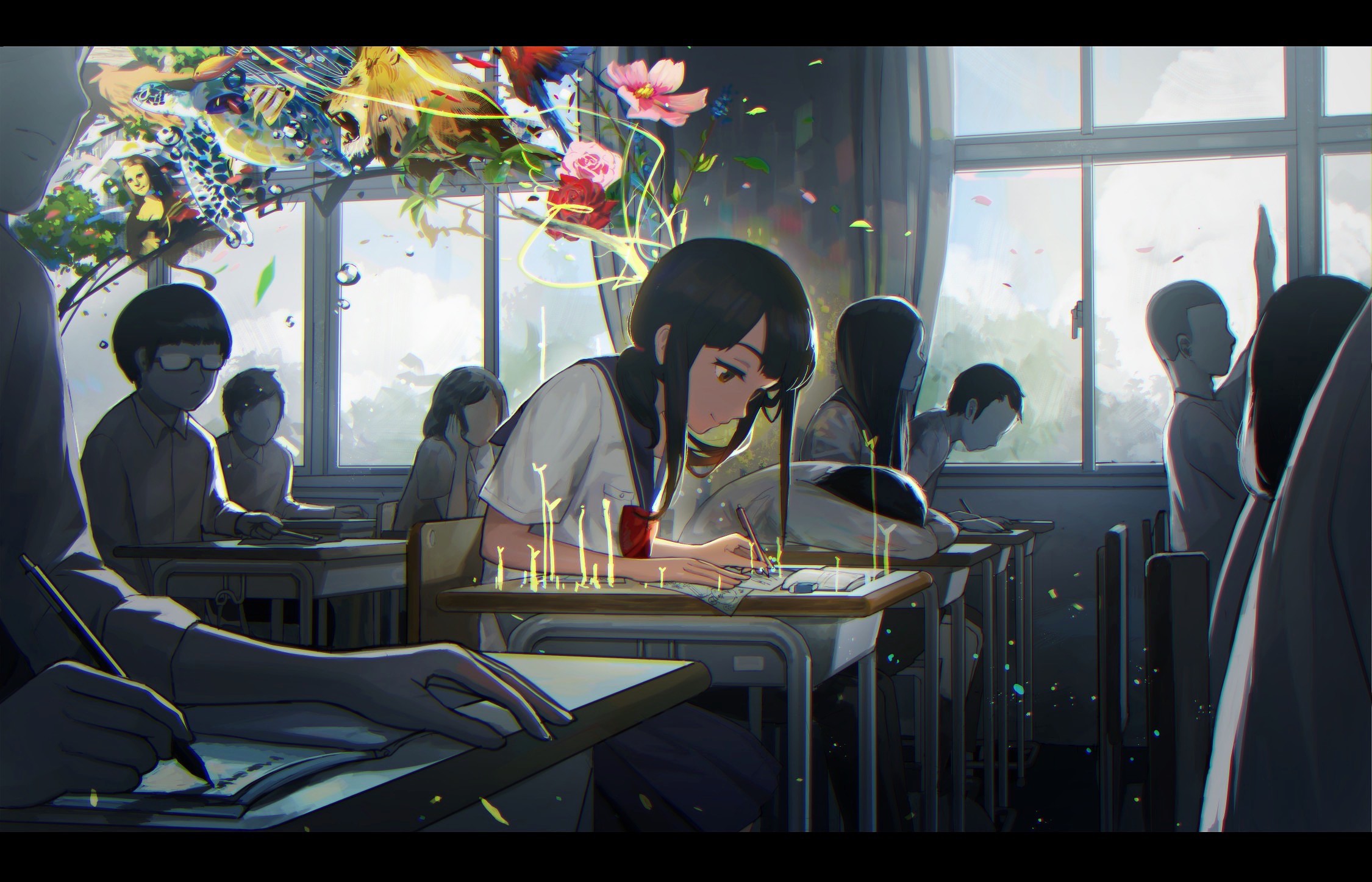 Classroom Flowers Gray Background School Studying Anime 2250x1447