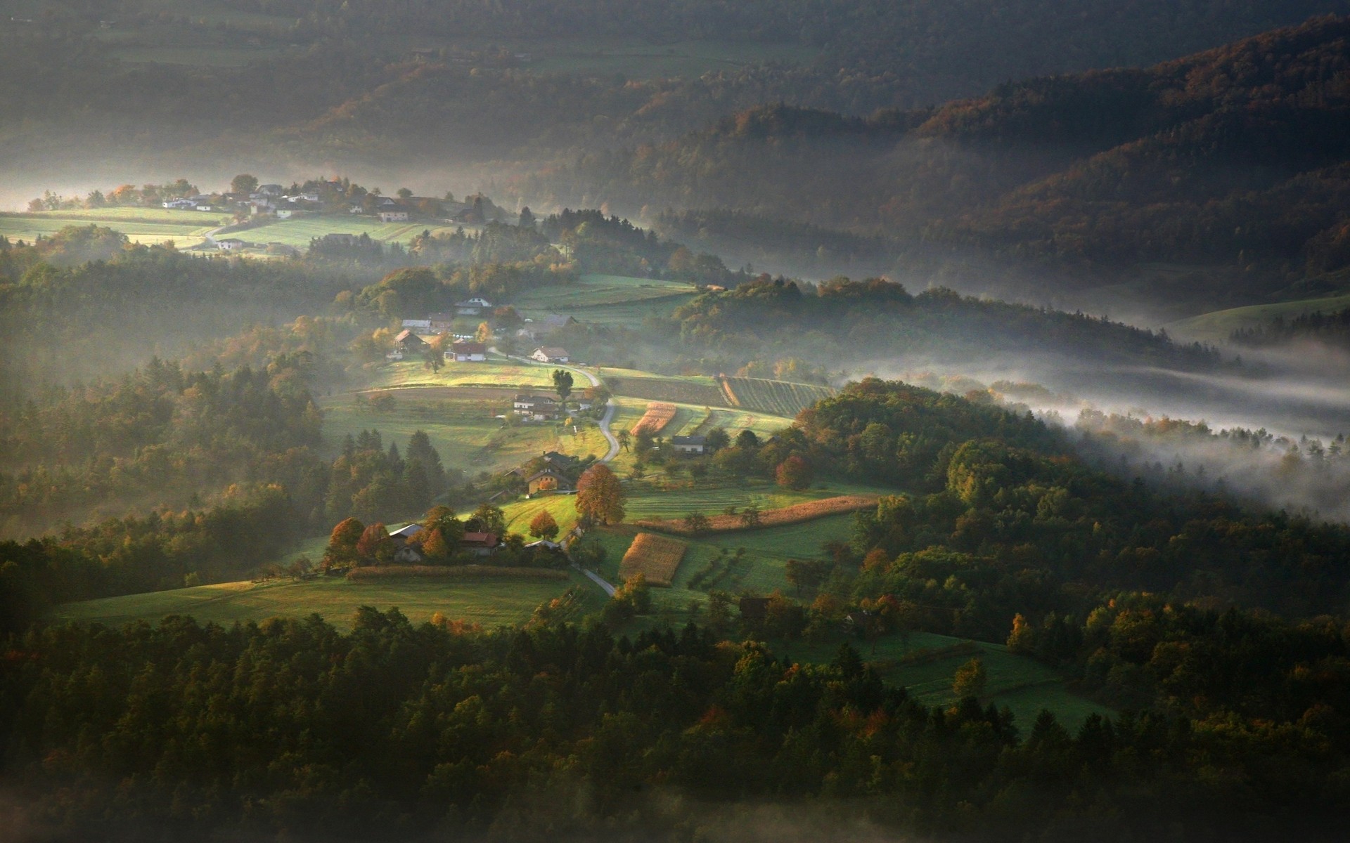 Nature Mist Landscape Fall Villages Forest Morning Mountains Valley Slovenia 1920x1200