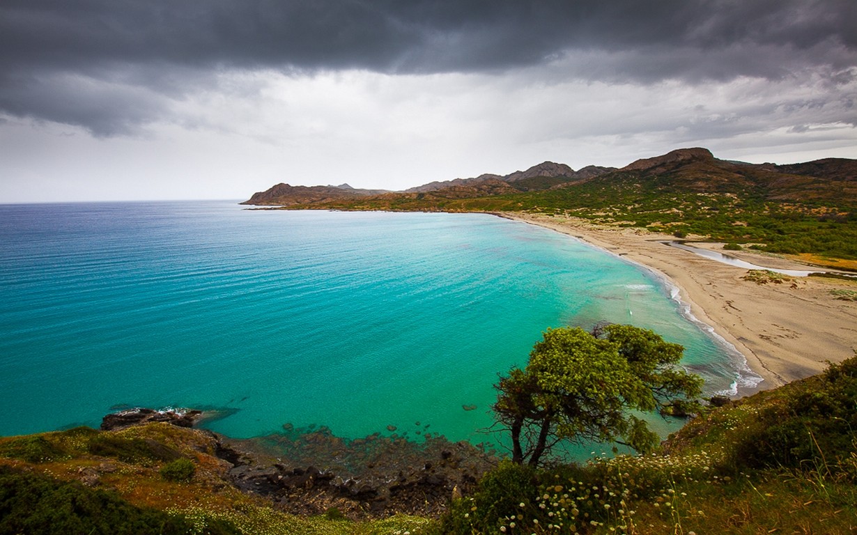 Nature Landscape Beach Sand Shrubs Wildflowers Hills Sea Turquoise Water Island Corsica Clouds 1230x768