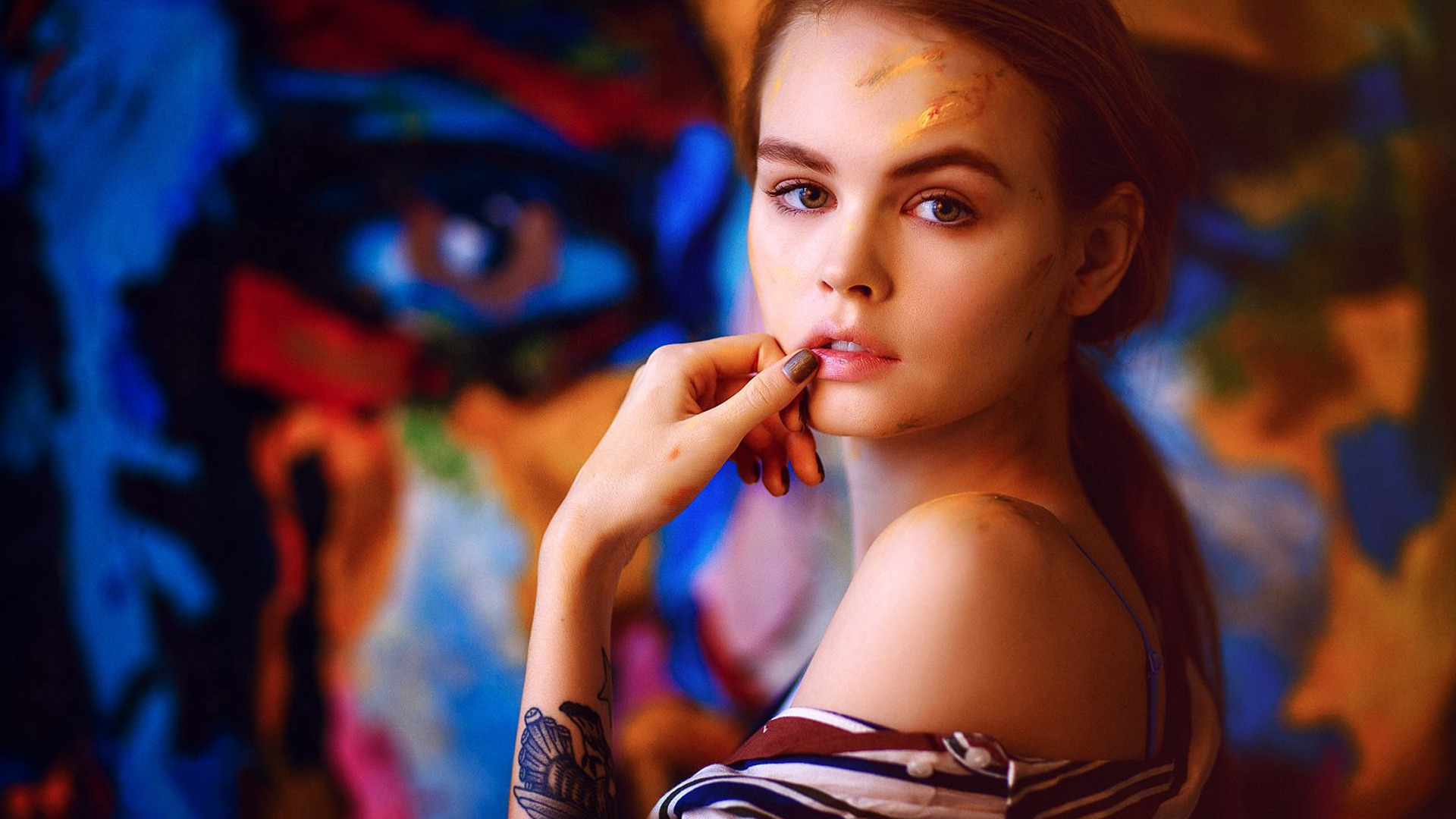 Women Model Redhead Long Hair Looking At Viewer Face Colorful Painting Tattoo Finger On Lips Paint S 1920x1080