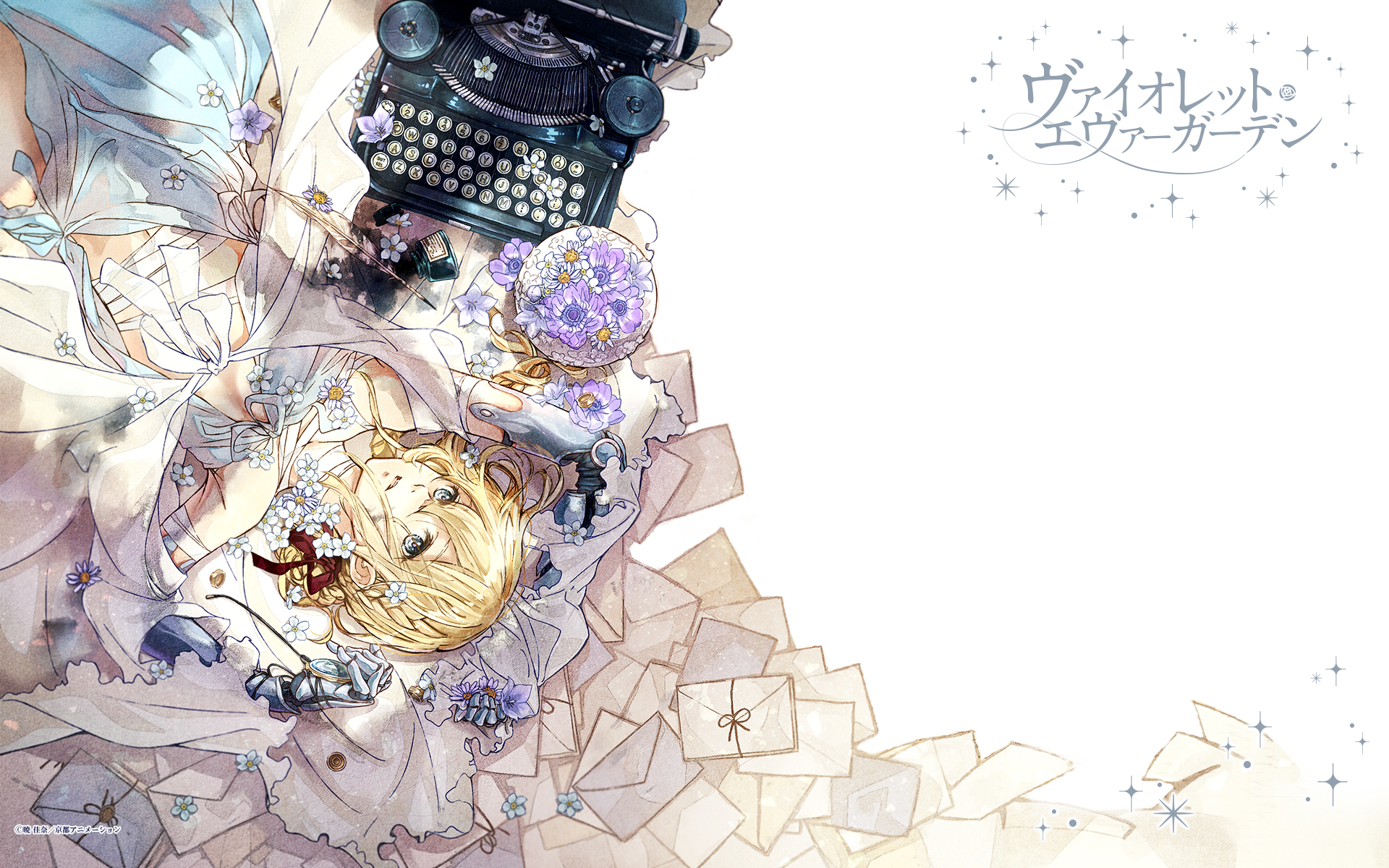 Violet Evergarden Anime Girls White Background Blond Hair Typewriters Flowers 1920x1200