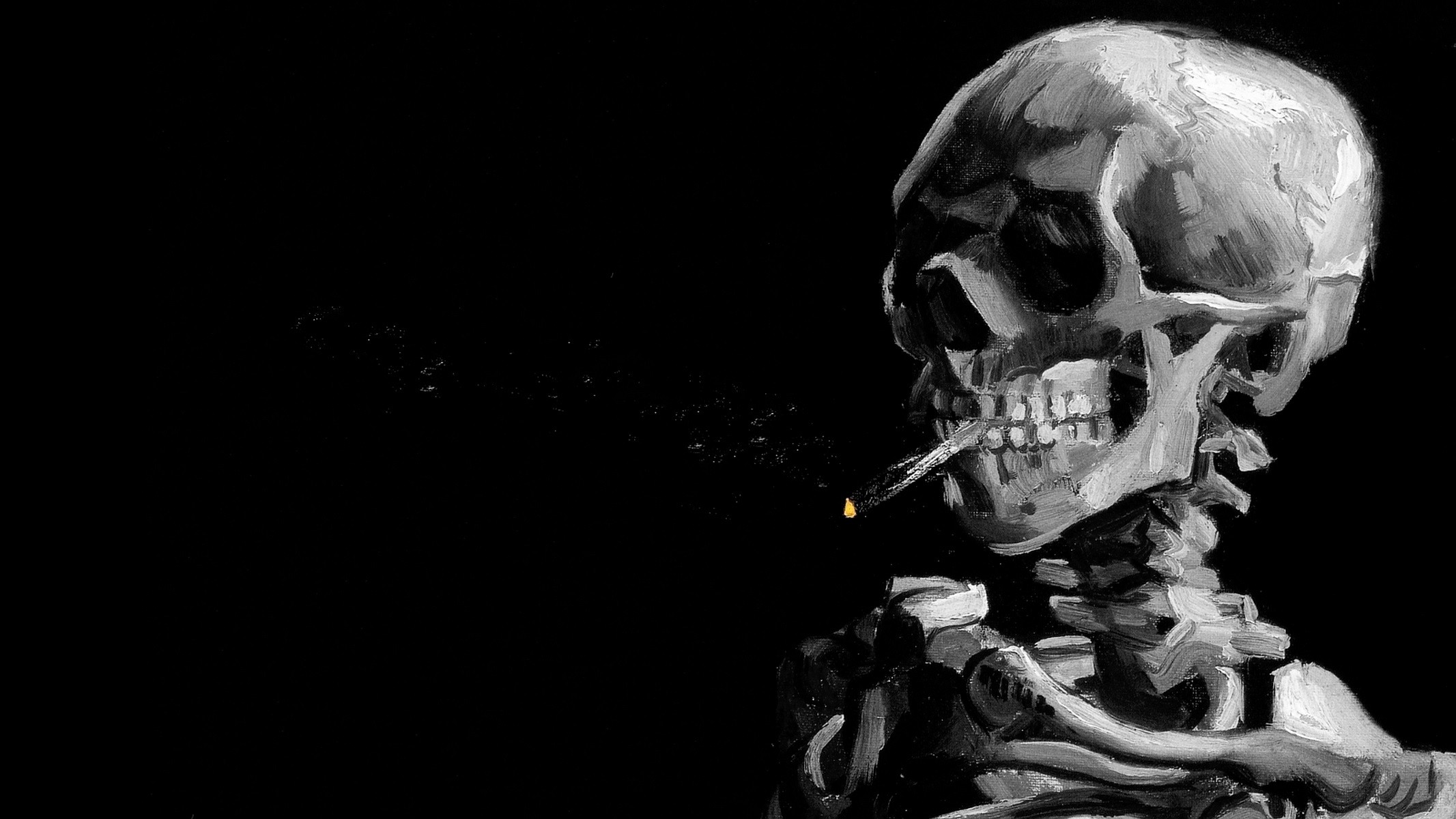 Digital Art Skull Black Background Painting Bones Spine Ribs Teeth Smoking Cigarettes Smoke Monochro 2133x1200