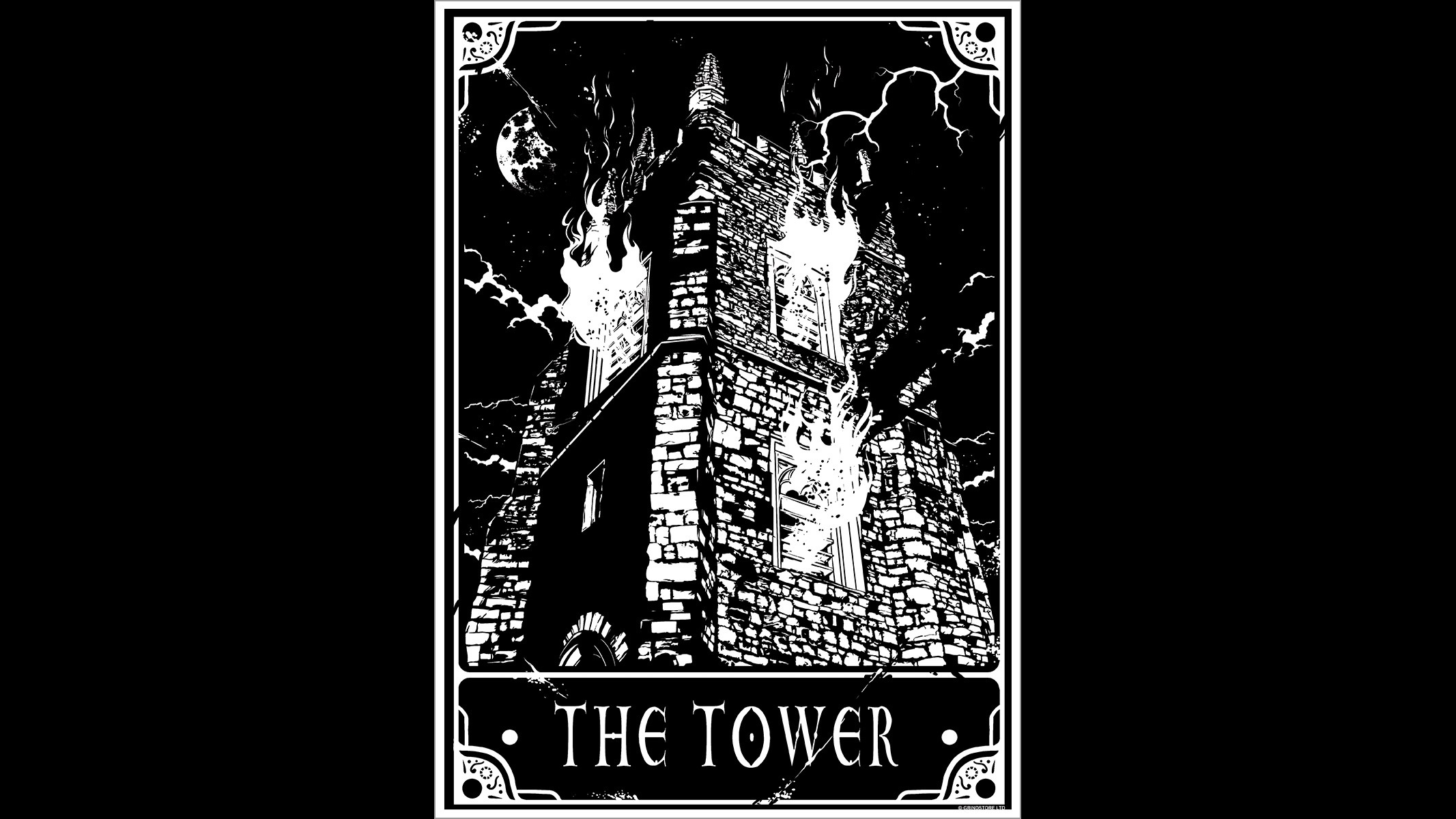 Monochrome Simple Background Occultism Tarot Tower Fire Lightning Text Jojos 2133x1200