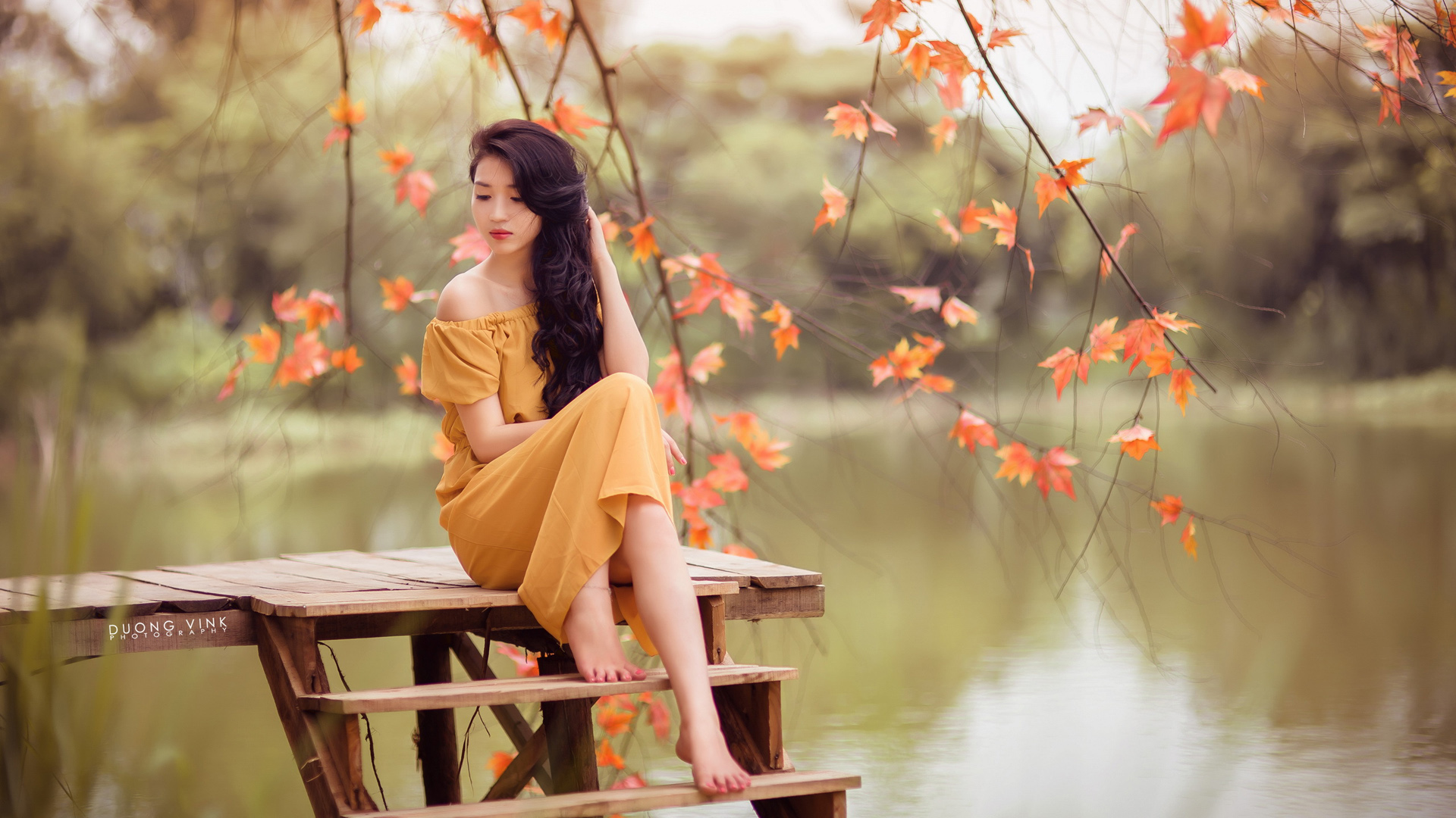 Asian Women Model Photography Long Hair Brunette Fall Leaves Pier Barefoot Yellow Dress Long Skirt 1920x1080